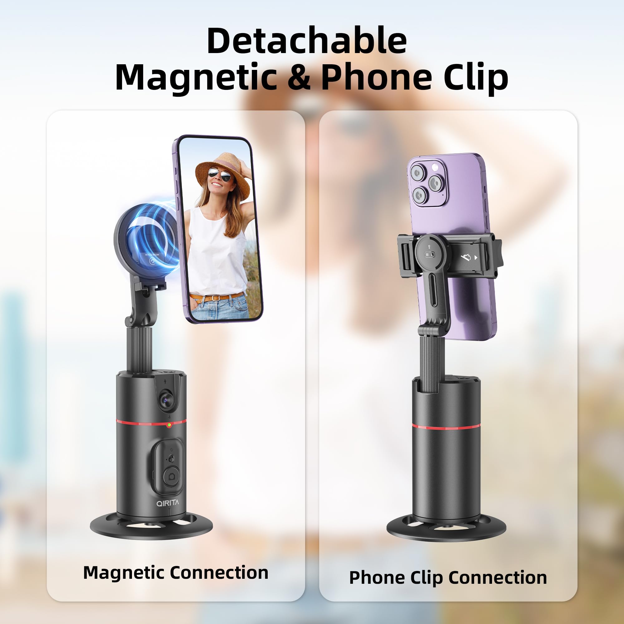 Qirita Auto Face Tracking Phone Holder, Magnetic Face Tracking Tripod 360 Rotation With Stand & Remote, Face Body Phone Tracking Tripod, No App, Smart Shooting Camera Mount For Live Video Recording Tiktok