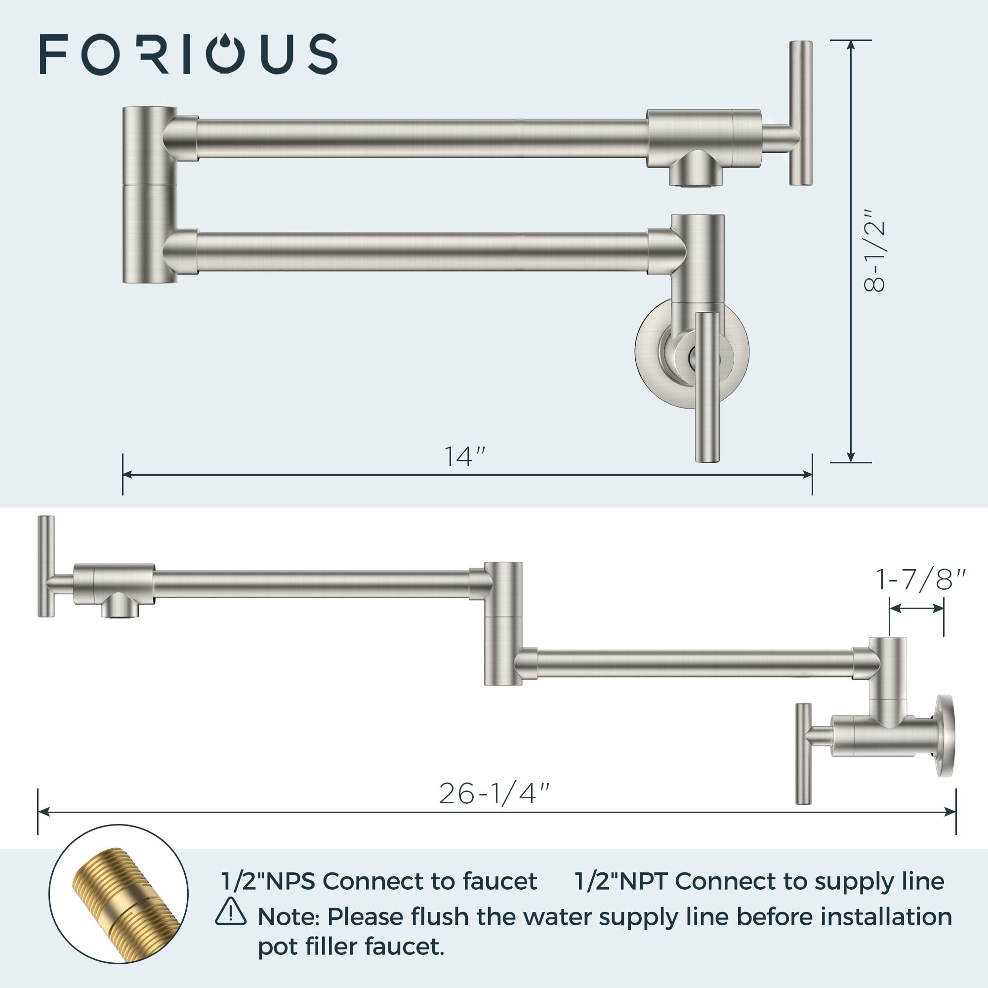 Forious Brushed Nickel Pot Filler Faucet Over Stove, Solid Brass Modern Wall Mount Commercial Folding Faucet With Stretchable Double Joint Swing Arms For Kitchen Restaurant