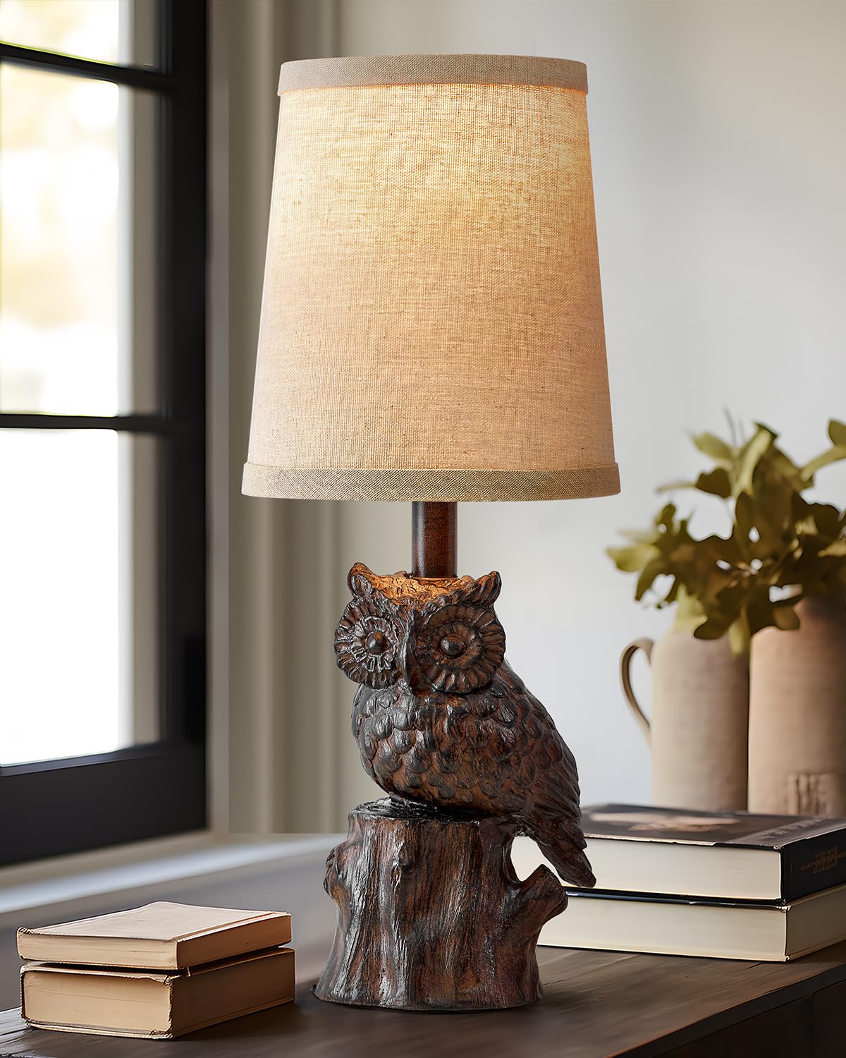 G-Safava 14.25" Small Table Lamp For Living Room Farmhouse Bedside Resin Single Lamp With Brown Owl Lamp Shape For Bedroom Retro Rustic Nightstand Lamp