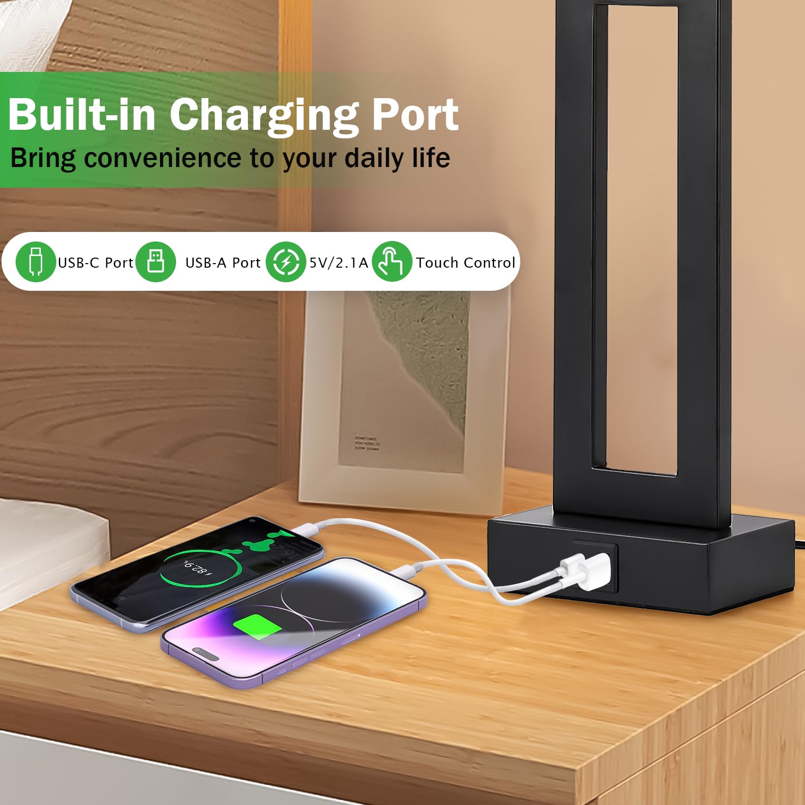 Momyofdy Lamps For Bedrooms - Set Of 2 Modern Table Lamps With Touch Control, 3 Way Dimmable, Usb C&A Charging, White&Black
