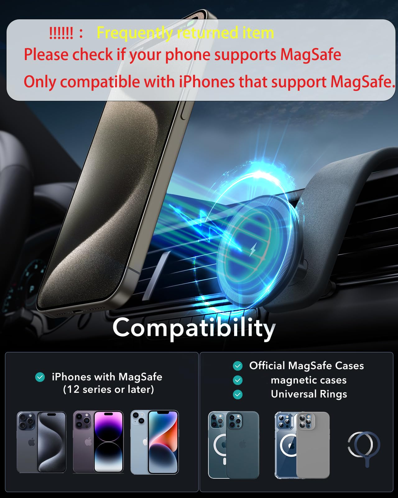 Victory &  15W For Magsafe Car Mount Charger: Relocatable Car Phone Mount With 360° Adjustable Aluminum Arm , For Car Phone Mount Charger Dashboard/Windscreen/Vent Fit,Magnetic Phone Holder For Car