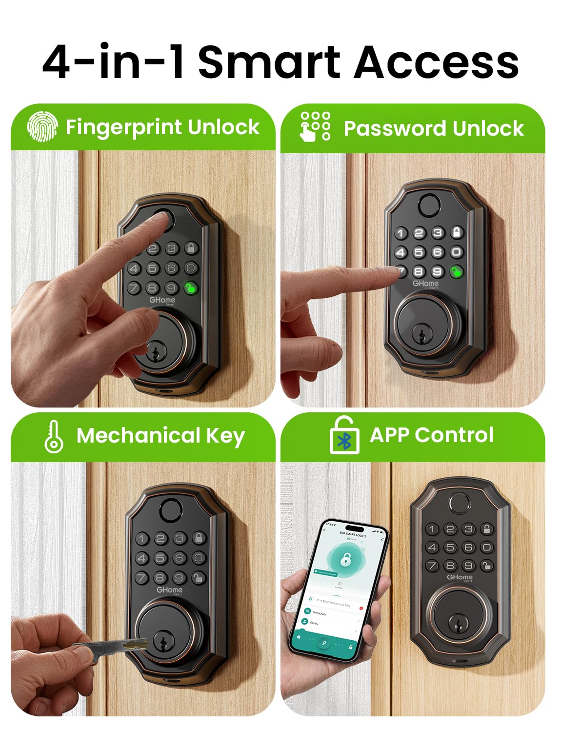 Ghome Smart Door Lock, Palm Vein Smart Locks For Front Door, 5 In 1 Keyless Entry Door Lock, Alexa Control, Auto Lock, Built-In Wifi, Rechargeable Battery, Smart Deadbolt