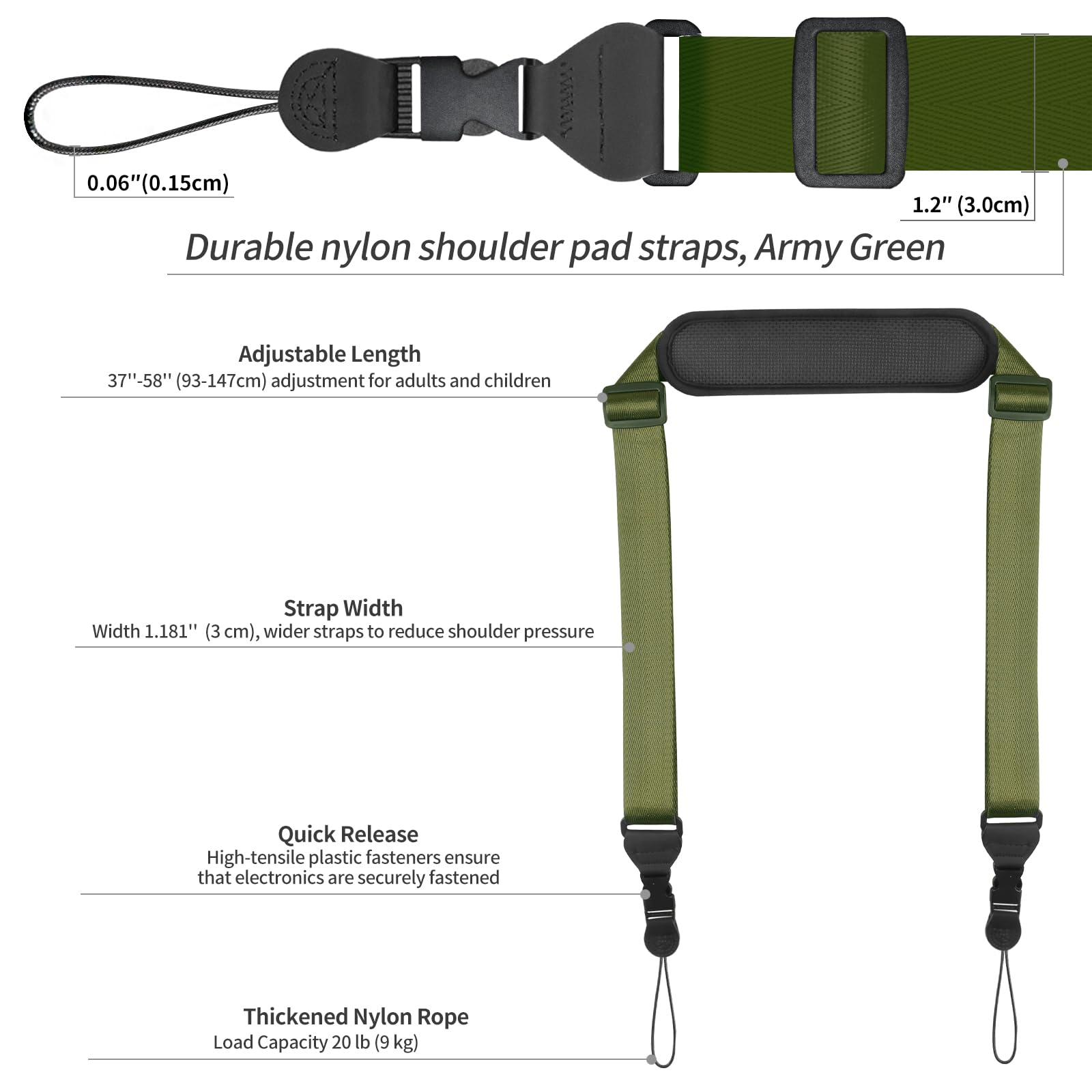 Fieil Universal Shoulder Strap, Neoprene Padded Bag Strap With Double Adjustable Buckles, Comfortable Neck Lanyard For Camera, Cellphone Tablet,Ipad, Laptop, Binocular, Luggage Bag(Army Green)