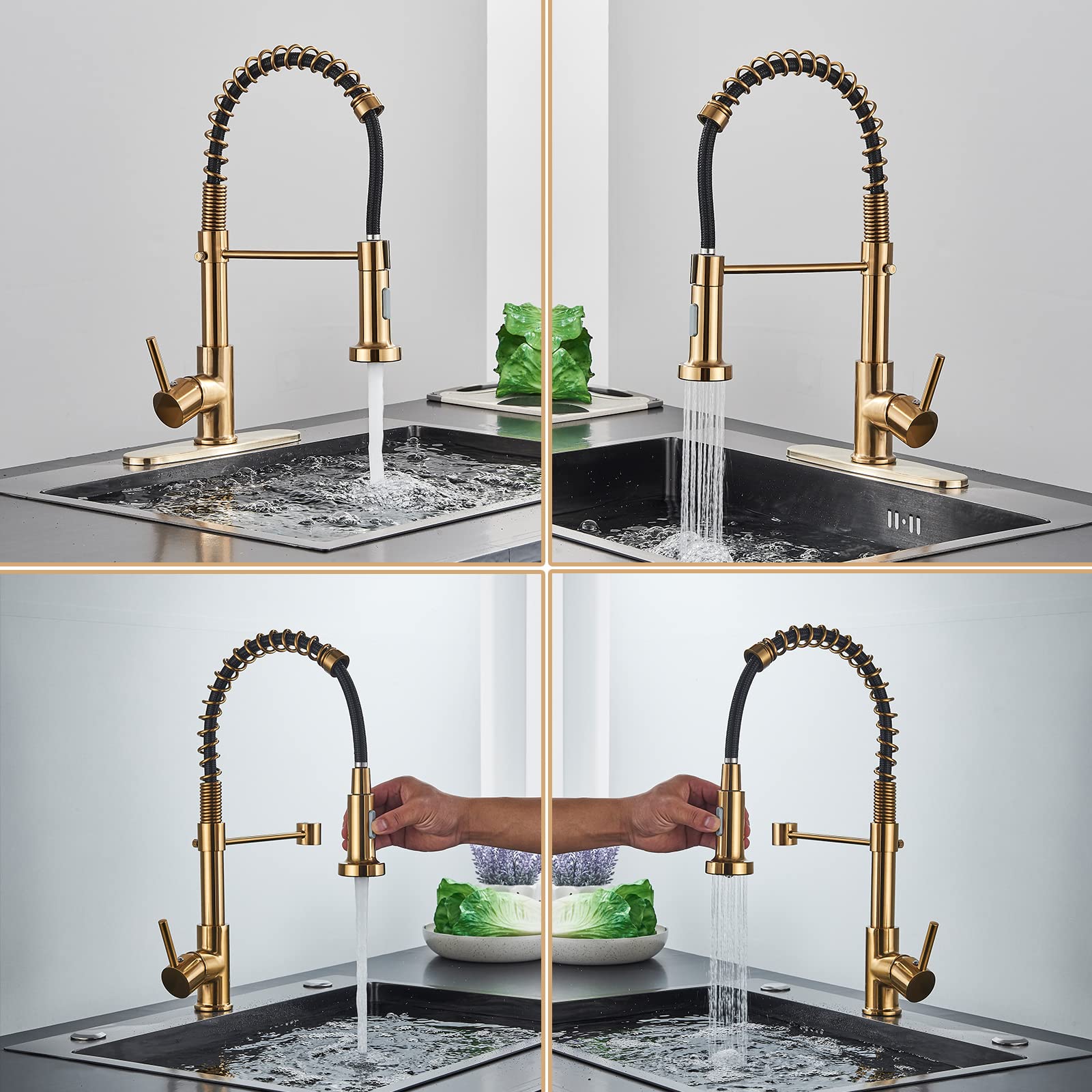 Danpiang Gold Kitchen Faucet,Commercial Stainless Steel Single Handle Pull Down Kitchen Sink Faucet With Deck Plate,Brushed Gold