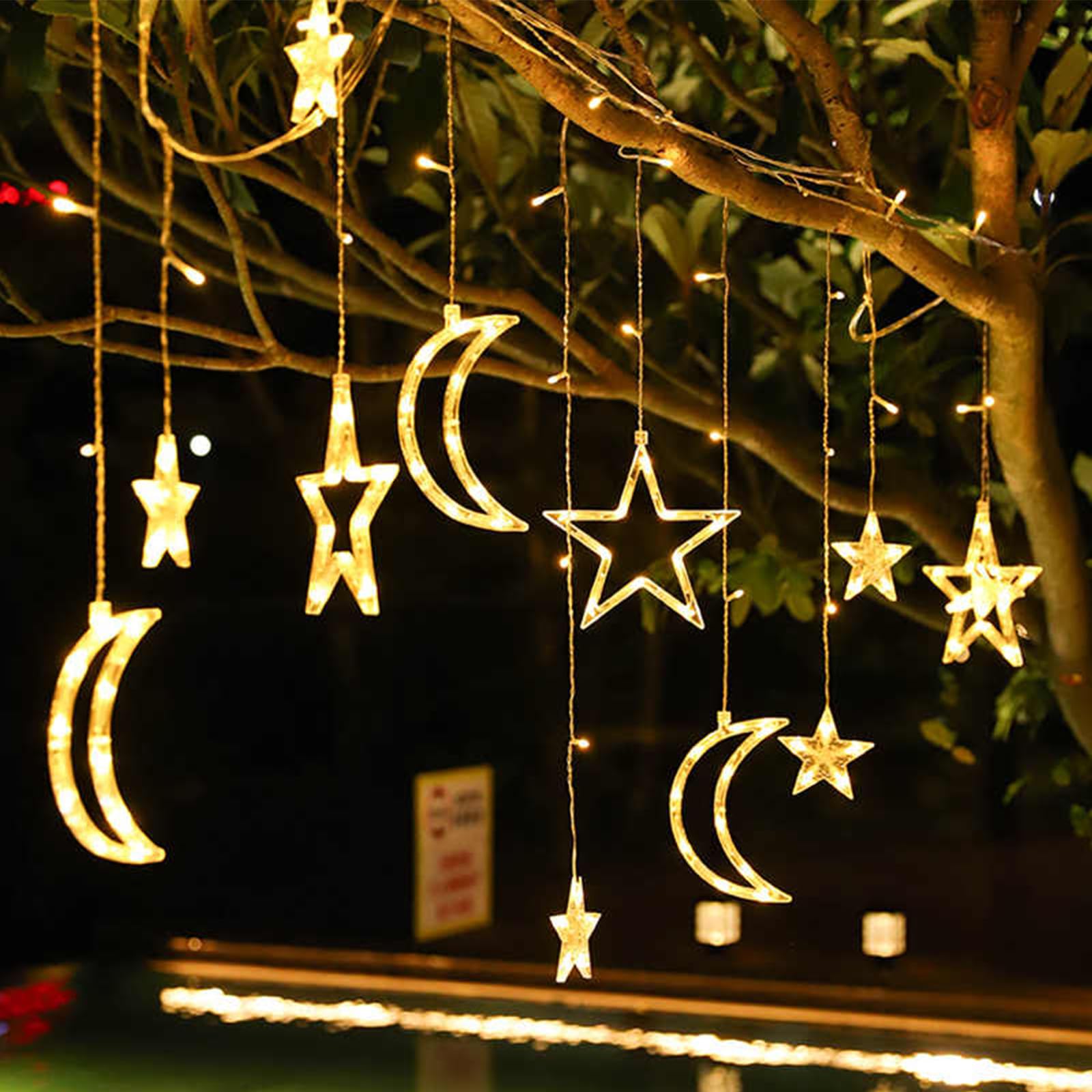 Lylyzoo Moon Star Solar String Lights For Outdoor, Ip65 Waterproof Curtain Lights With Remote Control And Usb Backup Charger, Camping Decorations, Automatic On-Off, Warm Yellow