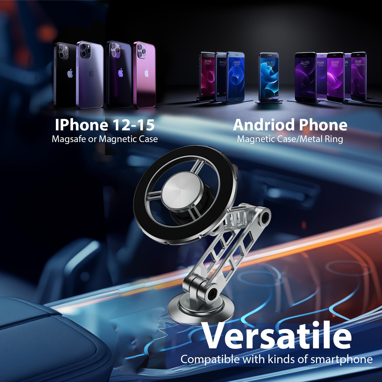 Lnkxt For Magsafe Car Mount For Iphone,Magnetic Phone Holder For Car,Truck,Cell Phone Car Mount,360° Rotation,Strong Magnet,Full Metal,Folding Holder,For Iphone 12,13,14,15 Pro Max And Android