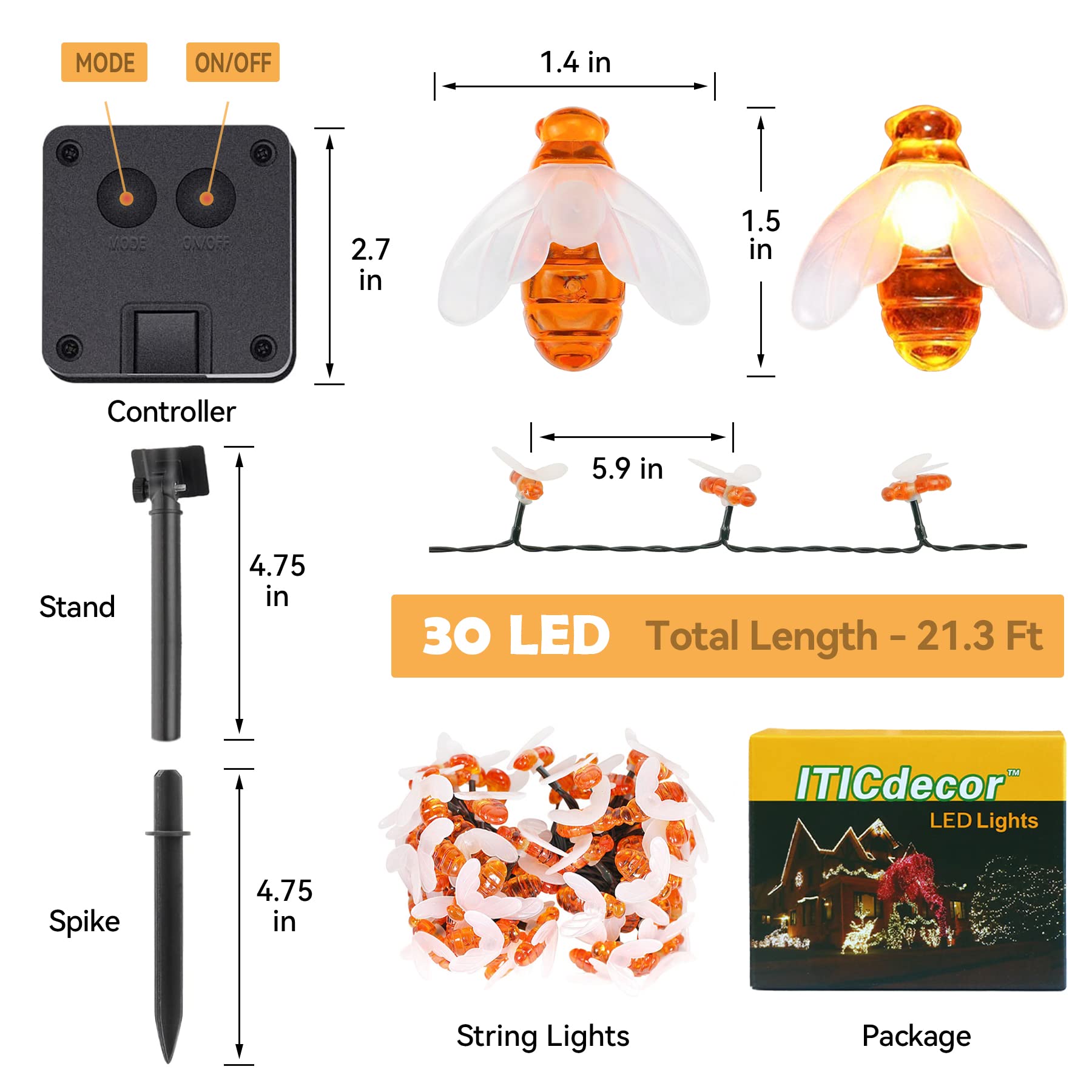 Iticdecor Solar Bee String Lights 30 Led 8 Modes Cute Bee Light Waterproof Outdoor Lights Starry Fairy Light Wedding Home Garden Patio Party Christmas Tree Decoration