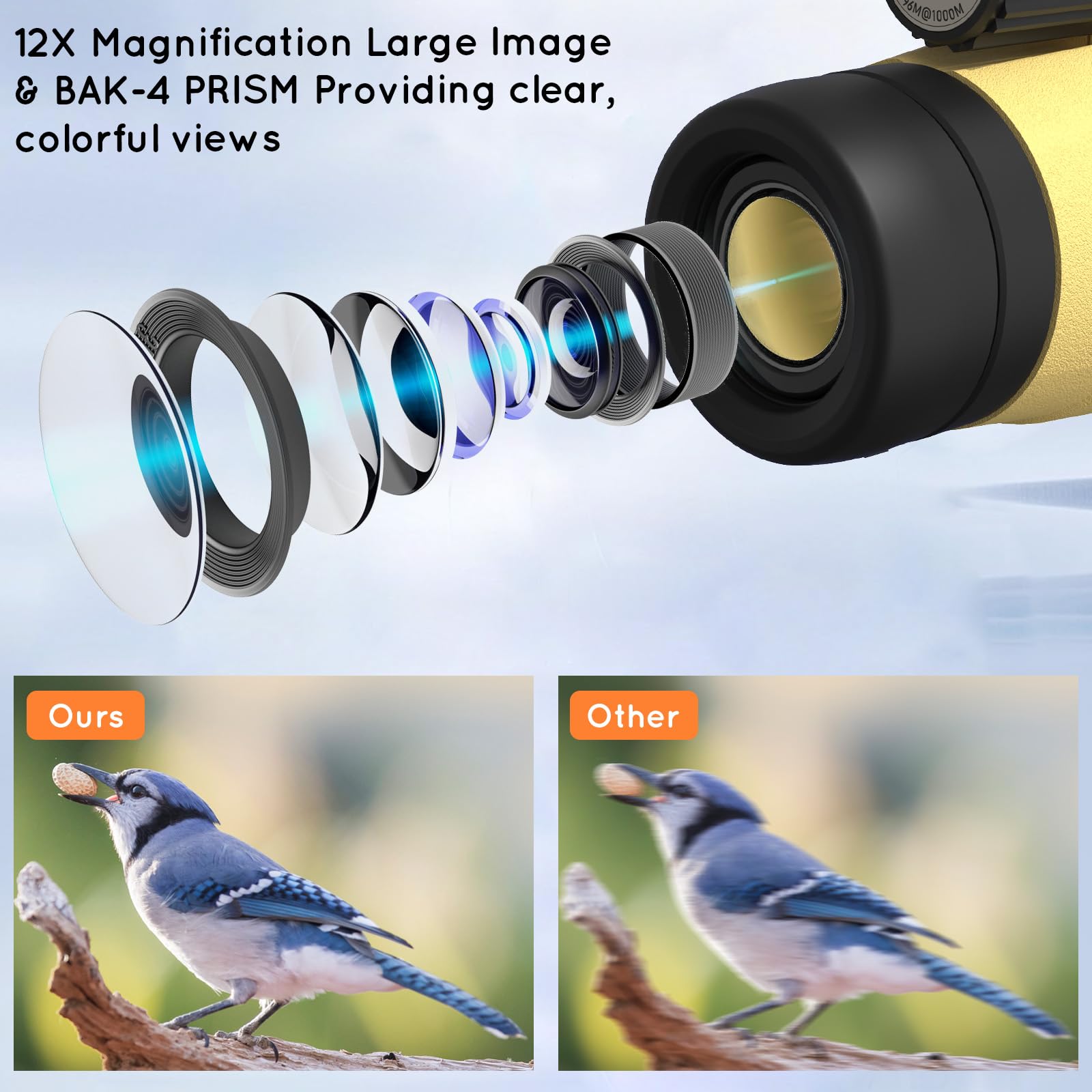 Calpower 12X50 Monocular Telescope High Powered For Adult - Compact Zoom Hd Monocular With Smartphone Adapter&Tripod - Bak 4&Fmc Lens Waterproof Monocular For Hunting, Hiking, Bird Watching, Camping Traveling