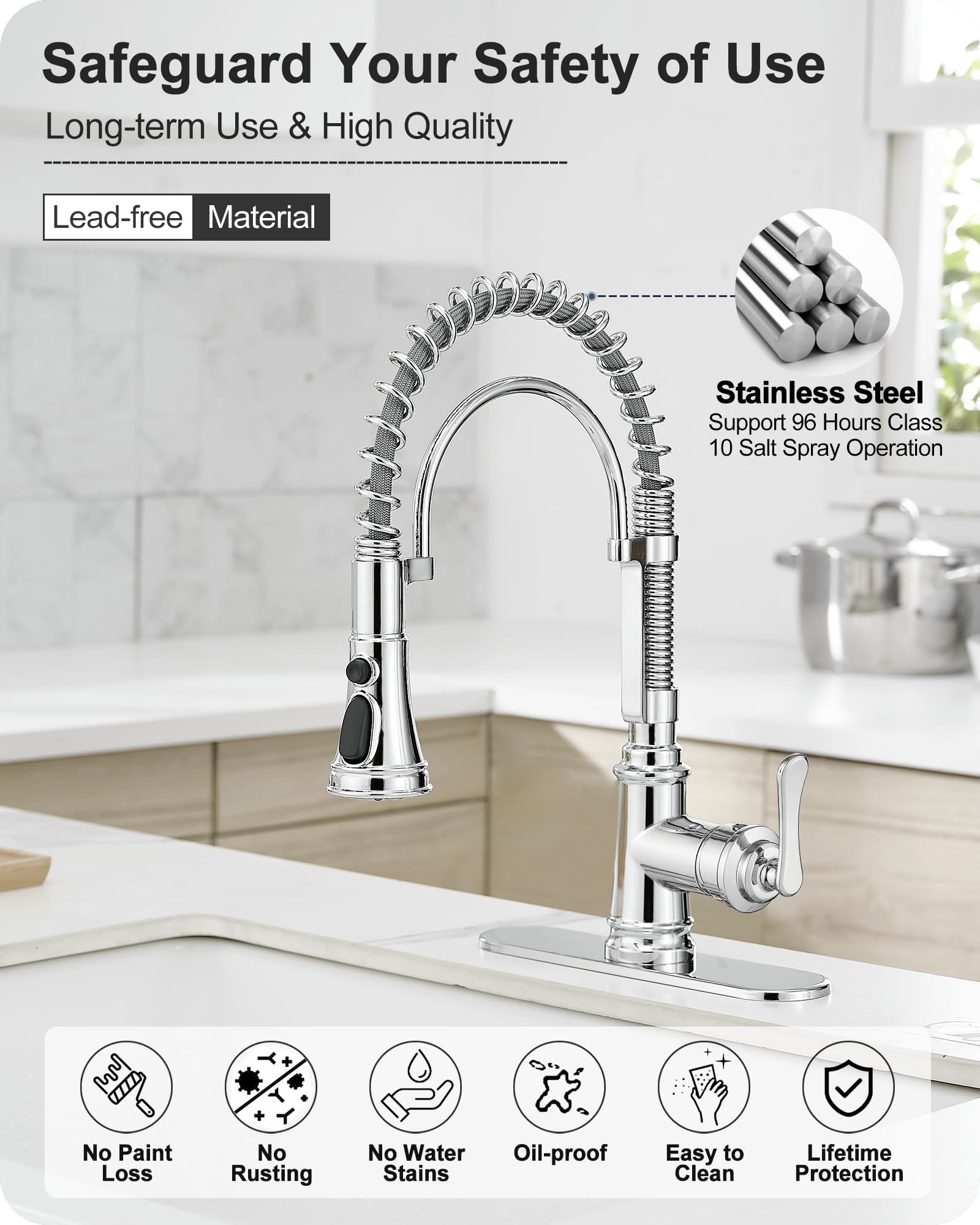 Hoigy Chrome Kitchen Sink Faucet With Sprayer, 3-Function Single Hole Kitchen Faucets 3 Hole, Single Handle Modern Kitchen Faucet, 360 Degree Swivel Spring Faucet For Kitchen Sink With Deck Plate