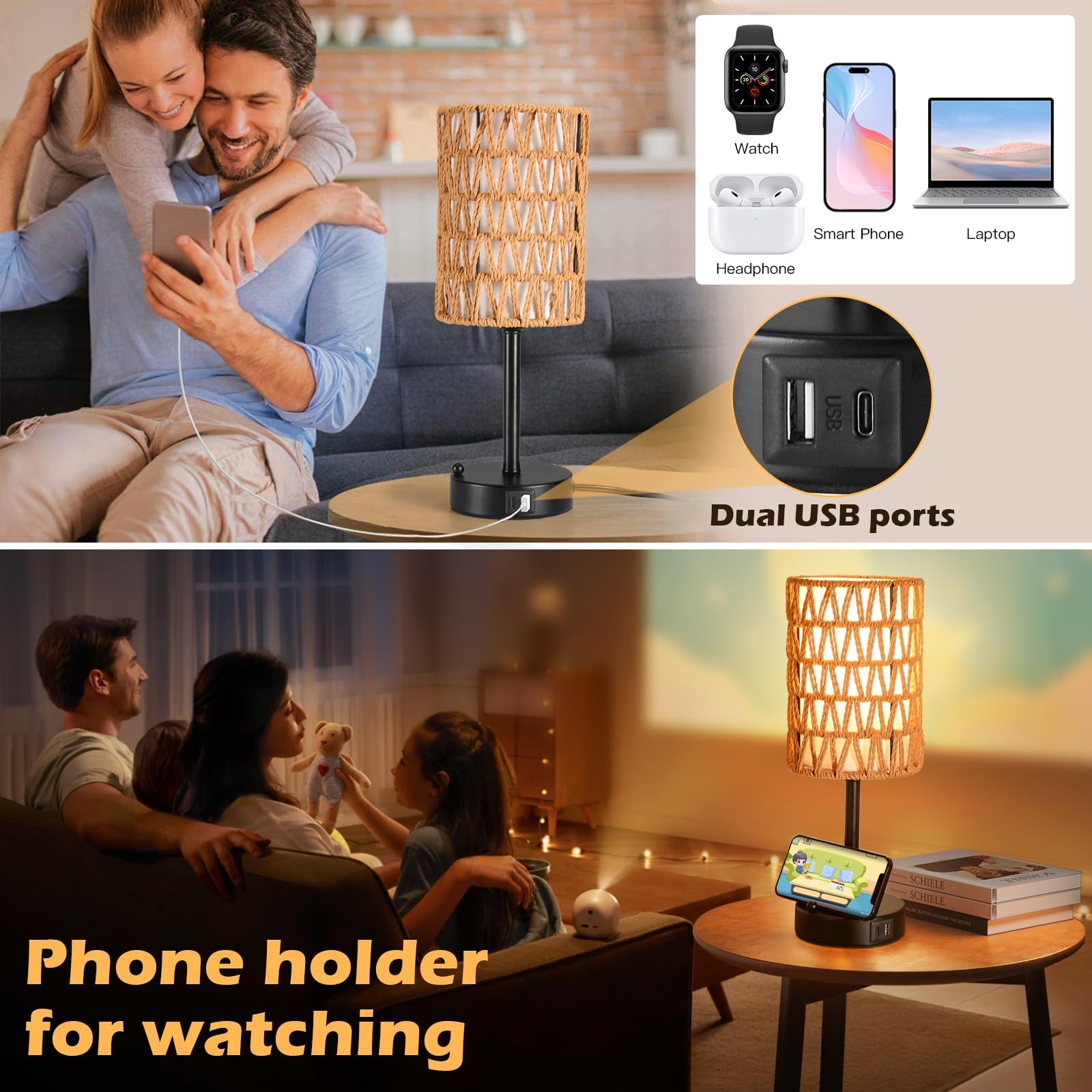 Plomixius Rattan Table Lamps For Living Room, 3 Way Dimmable Touch Lamps, Small Bedside Lamps With Led Bulbs, Phone Stand, Usb Ports And Ac Outlet, Boho Nightstand Lamp For Kids Room, Bedroom, Office (2 Pack)