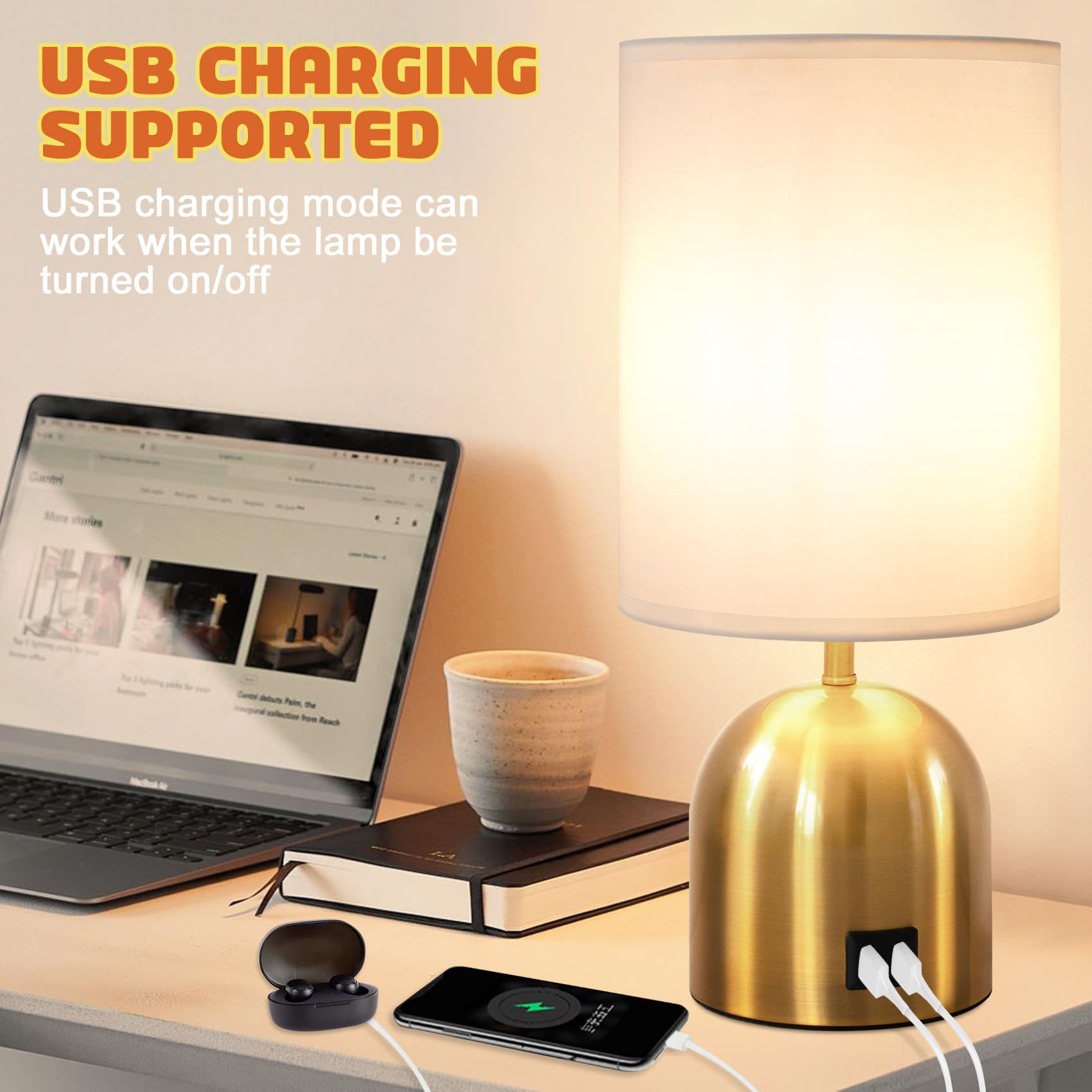 Yacoto Touch Control Table Lamp For Bedroom, 3 Way Dimmable Modern Gold Bedside Lamps With 2 Usb Charging Ports With Metal Base Fabric Shade For Nightstand, Living Room, Home Office(Bulb Included)