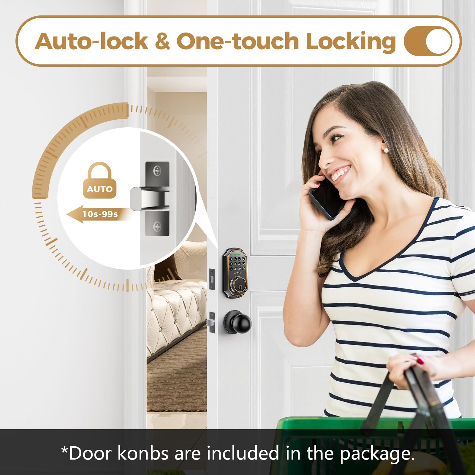 Arpha Smart Lock - Keyless Entry Door Lock With 2 Door Knobs, Electronic Deadbolt, App Control & Keypad Access, 100 Codes, Auto Lock, One-Time Code, Anti-Peep Password, Easy To Install For Front Door