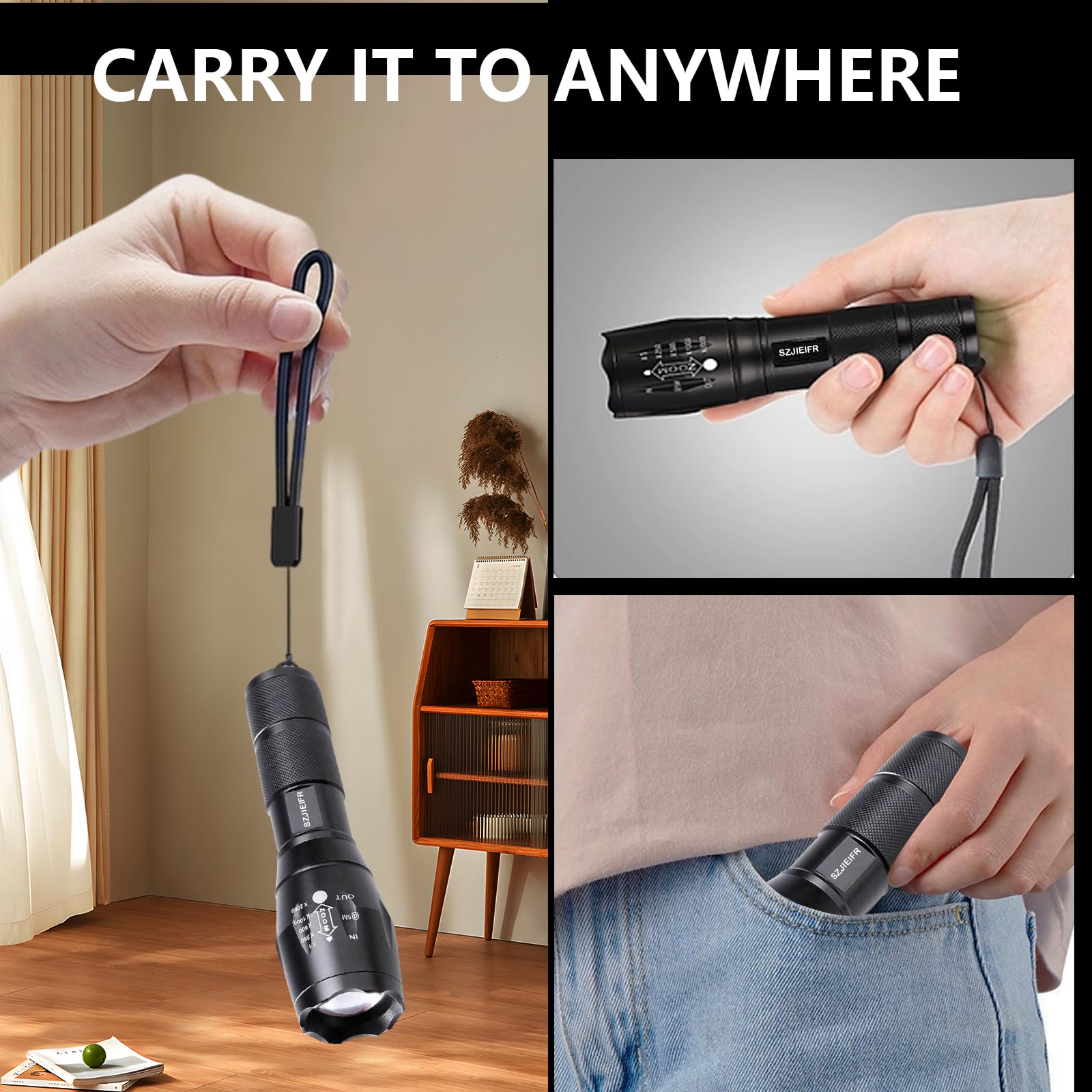 Szjieifr 18650 Lightweight Led Pocket Handheld Powerful Flashlight, 5 Modes Zoomable, Aluminum Alloy, Waterproof For Home And Outdoor