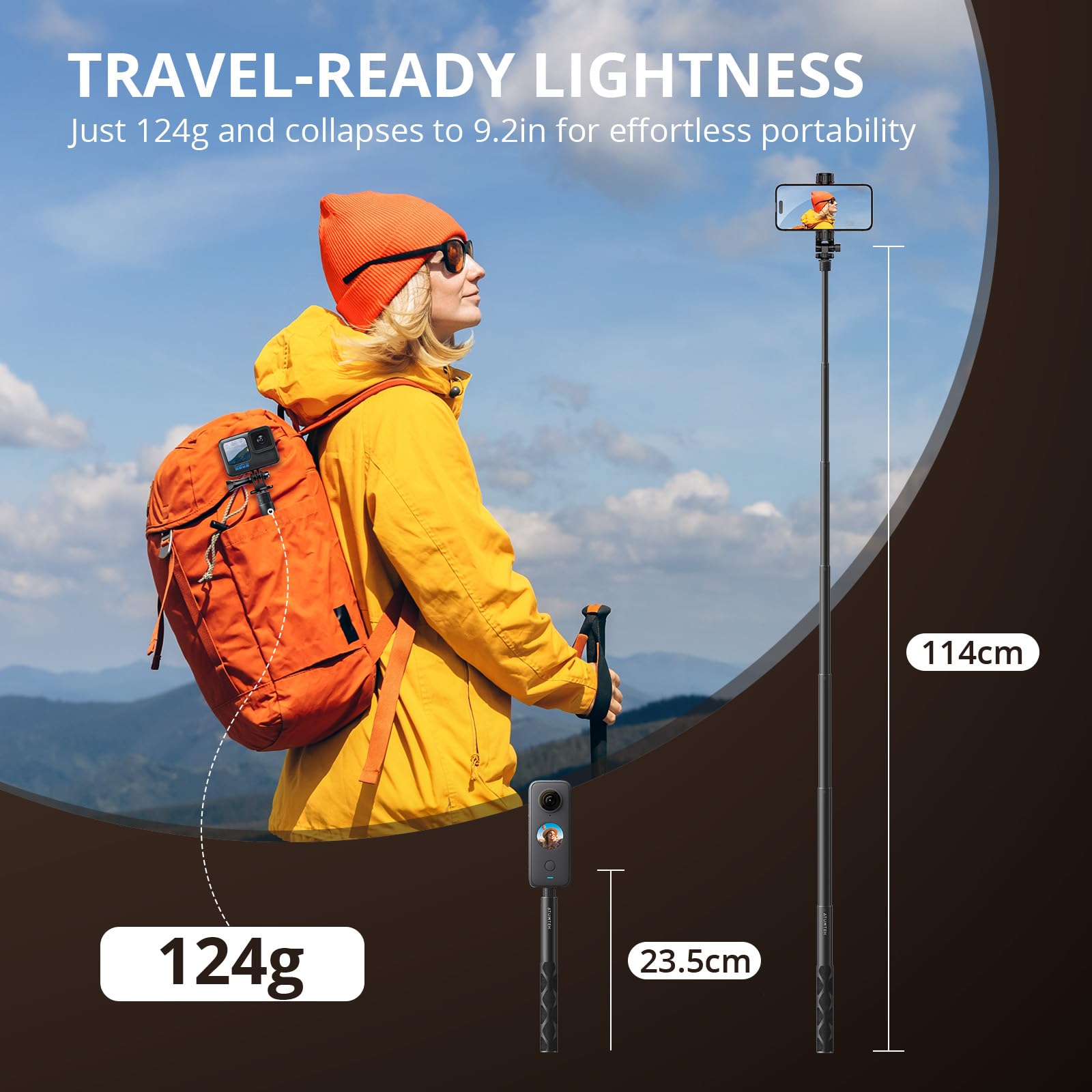 Atumtek 45" Invisible Selfie Stick, 1/4" Extended Monopod Pole, Solid And Compact Design For Insta360, For Gopro, Dji, Action Camera (Buckle Mount For Gopro And Wrist Strap Included)