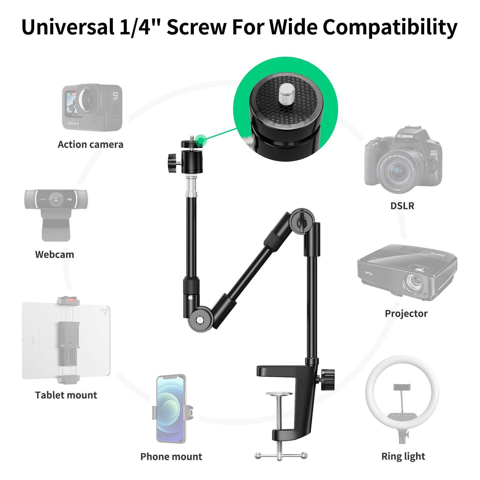 Kdd Webcam Stand Camera Mount With Phone Holder & 5/8" Screw, 25In Flexible Projector Stand Gooseneck Desk Mic Stand For Logitech C922 C930E C920 C615 C960 Brio 4K, Gopro, Blue Yeti Snowball Ice