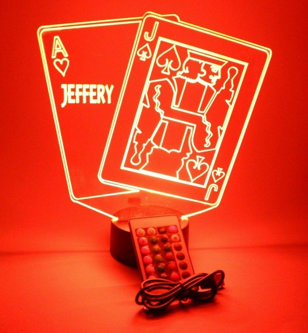 Mirror Mania Ace And Jack Blackjack Playing Cards Night Light Up Lamp Led Personalized Black Jack Twenty One Desk Table Lamp - It'S Wow, With Remote, 16 Colors, Engraved, Great