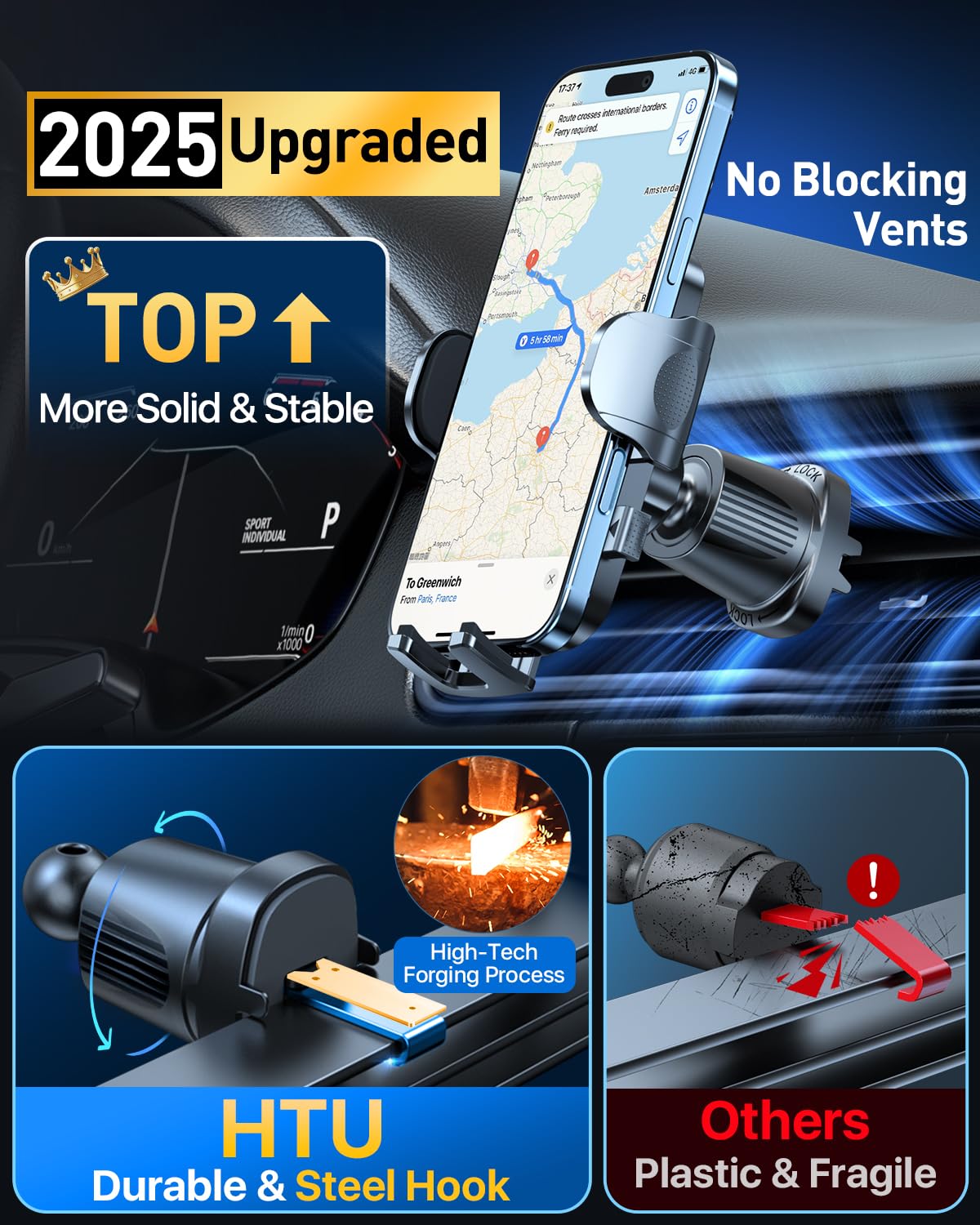 Htu  Strongest Suction Car Phone Holder Bendable Arm, Never Block View Rotatable Cellphone Mount For Dashboard Windshield Vent, Cradle Stand For Iphone 16 15 14 13 12 Pro Max (Black)
