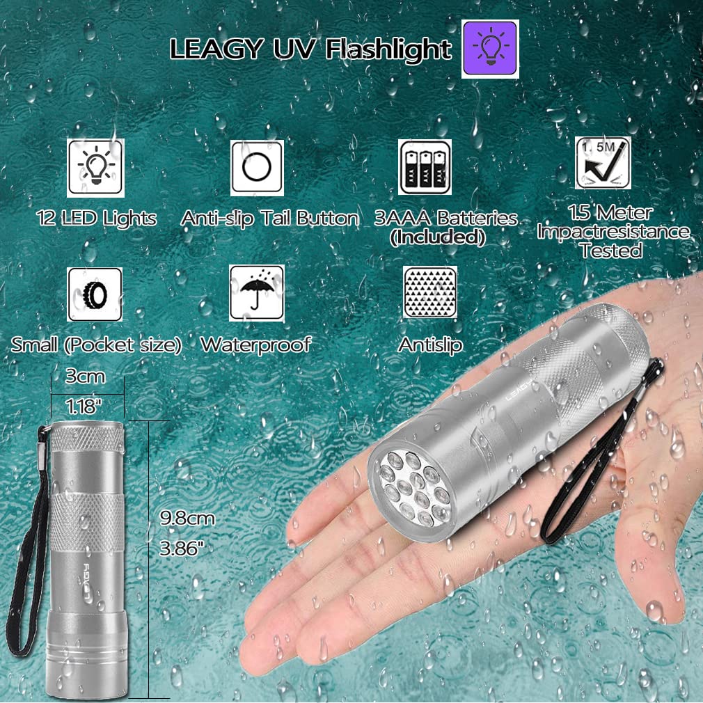 Leagy 2 Pack 12 Led 395Nm Mini Uv Flashlights With Batteries - Pet Urine Detector, For Counterfeit Detection, Banknotes, Document Verification Etc (Silver)
