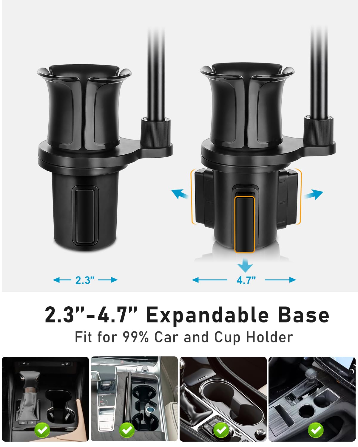 Uncaddn Cup Phone Mount For Car, 2 In 1 Universal Cup Phone Holder For Car, Stretchable Long Neck Car Phone Mount, Hands  360° Rotation Compatible With All Smartphones