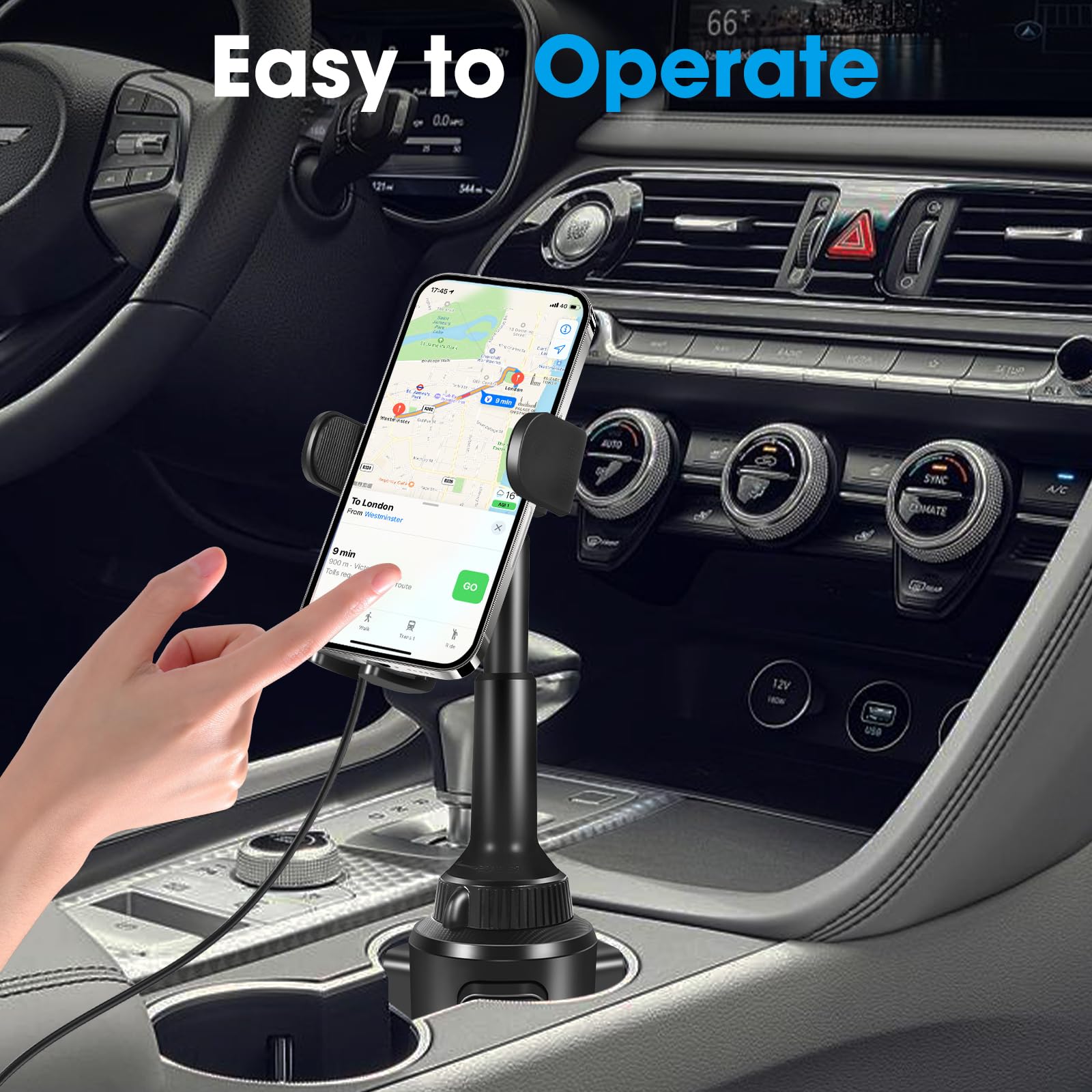 Degum  Wireless Car Charger, Cup Holder Phone Mount With 15W Fast Charging Phone Holder Adjustable Long Arm Height, Compatible With Iphone 16 15 14 13 Samsung Lg And More (With Car Adapter)