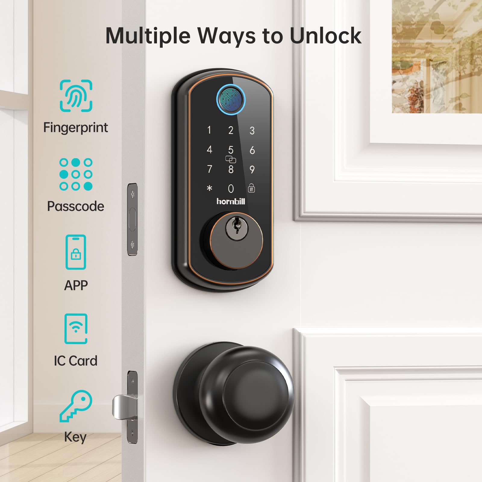 Hornbill Smart Front Door Lock Set: Wifi Keyless Entry Door Lock Deadbolt With Handle Set With 2 Knobs Alexa Bluetooth Remote Code For Home Oil Rubbed Bronze