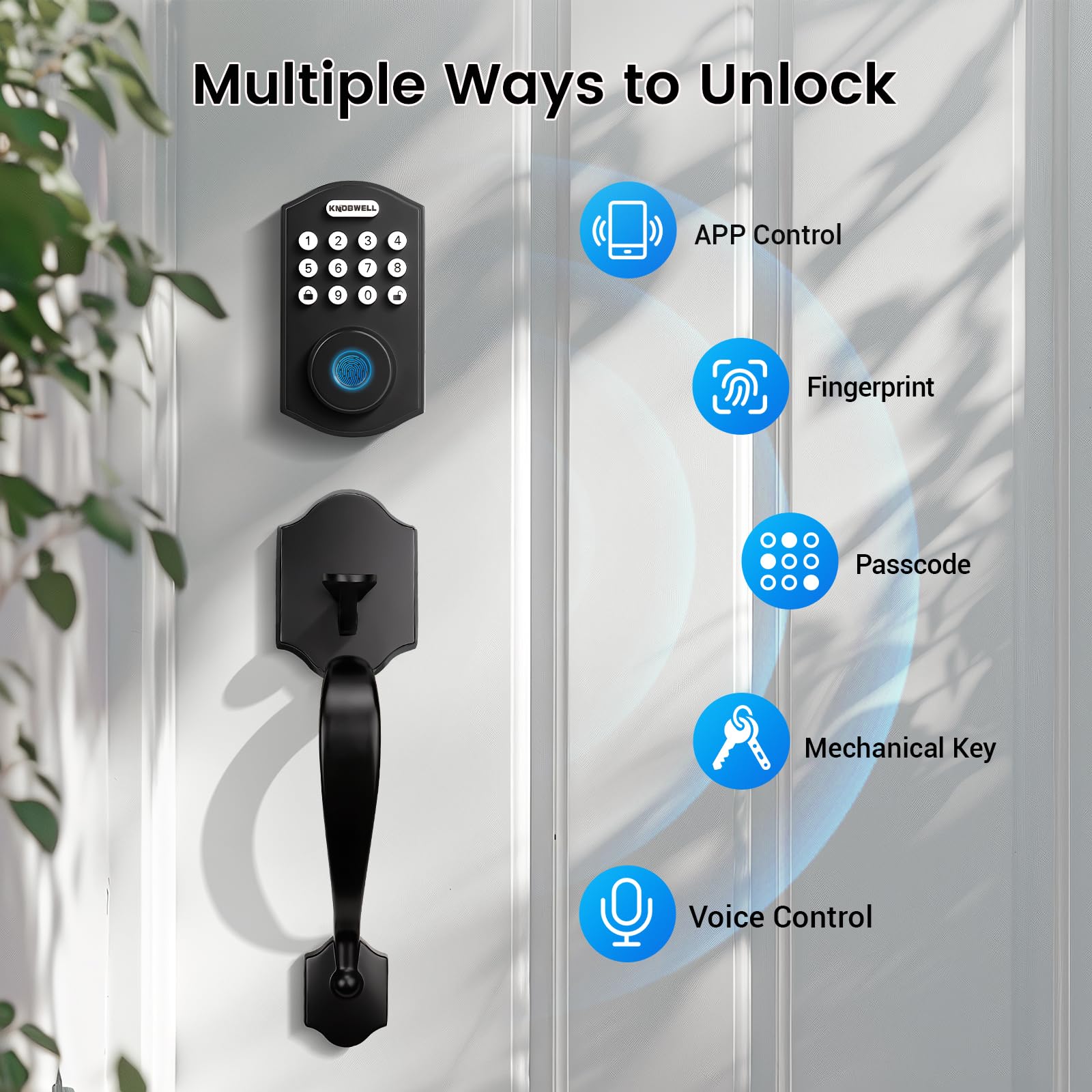 Knobwell Keyless Entry Door Lock With Handle Set,Front Door Handle Set，Password Door Lock Fingerprint & Keypad Deadbolt, Auto Lock, Matte Black