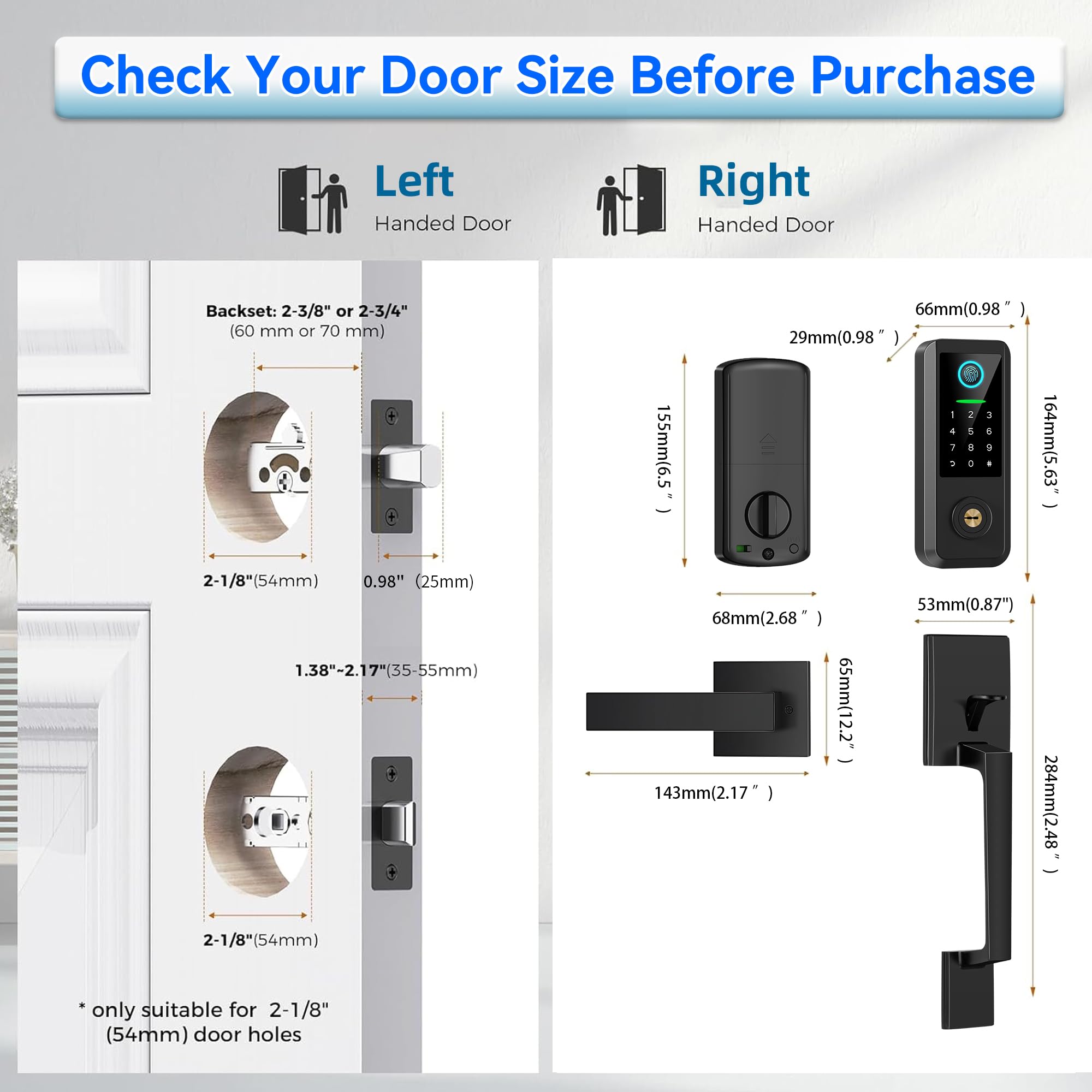 Yosimika Fingerprint Smart Door Lock With Handle Set, Keyless Entry Door Lock With Keypad,5-In-1 Deadbolt,Bluetooth Deadbolt With Auto Lock,Black