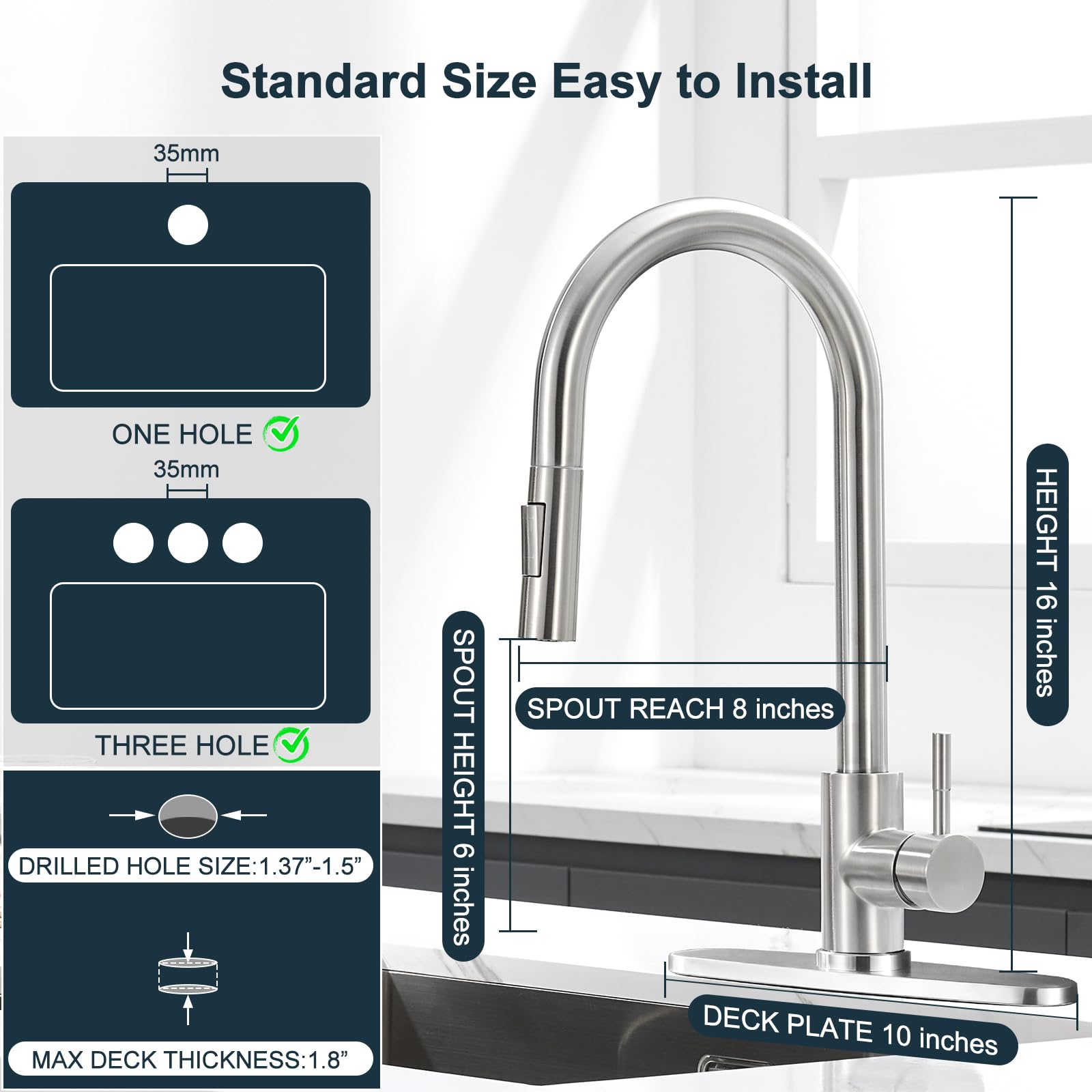 Vakitap Single Handle High Arc Brushed Nickel Pull Out Kitchen Faucet,Single Level Stainless Steel Kitchen Sink Faucets With Pull Down Sprayer, Suitable For Laundry Rv Bar (Brushed Nickel)