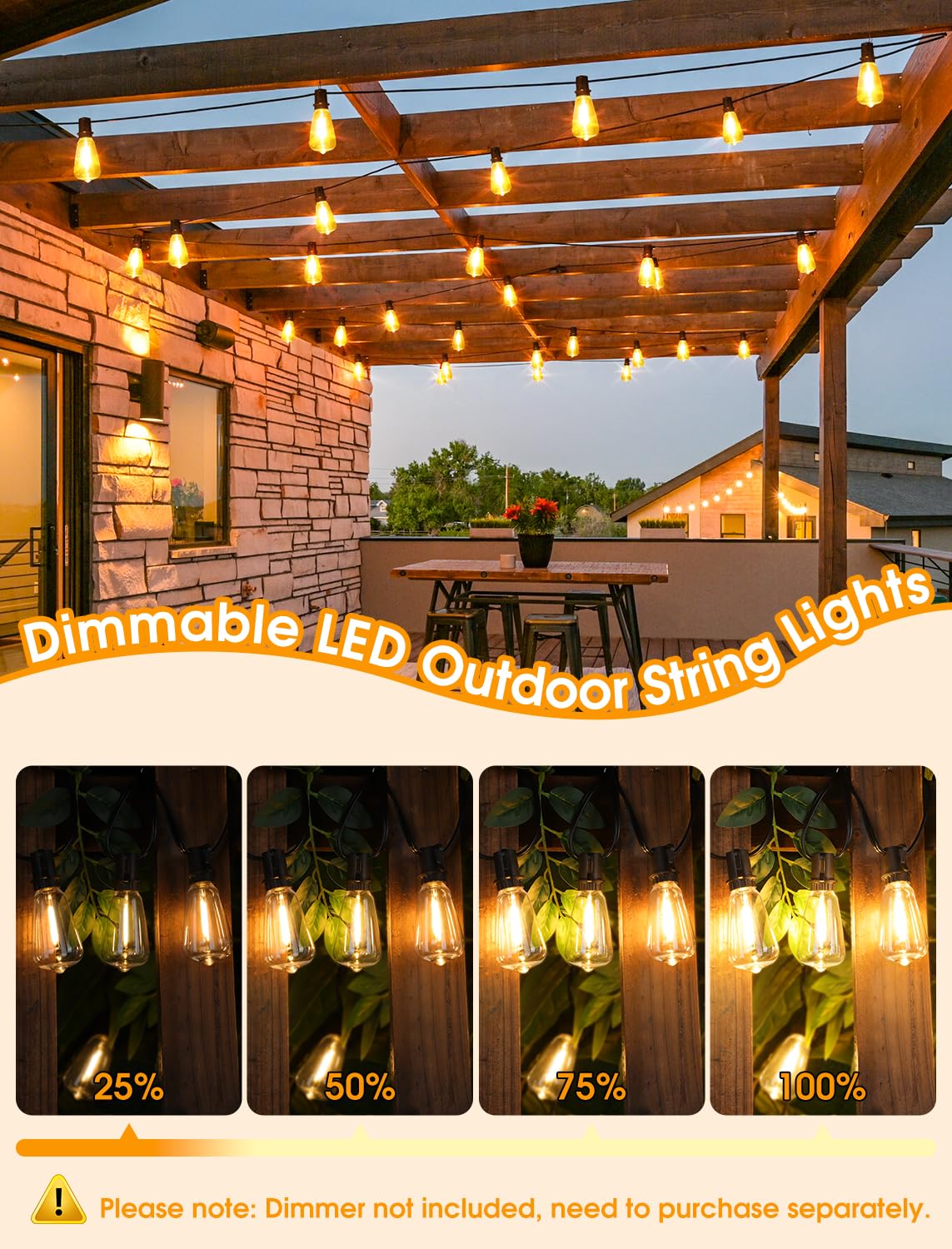 Larkvue 25Ft Outdoor String Lights, Patio Lights With 10+1 Led Dimmable Waterproof Shatterproof St38 Retro Edison 2700K Bulbs For Balcony Yard, Black
