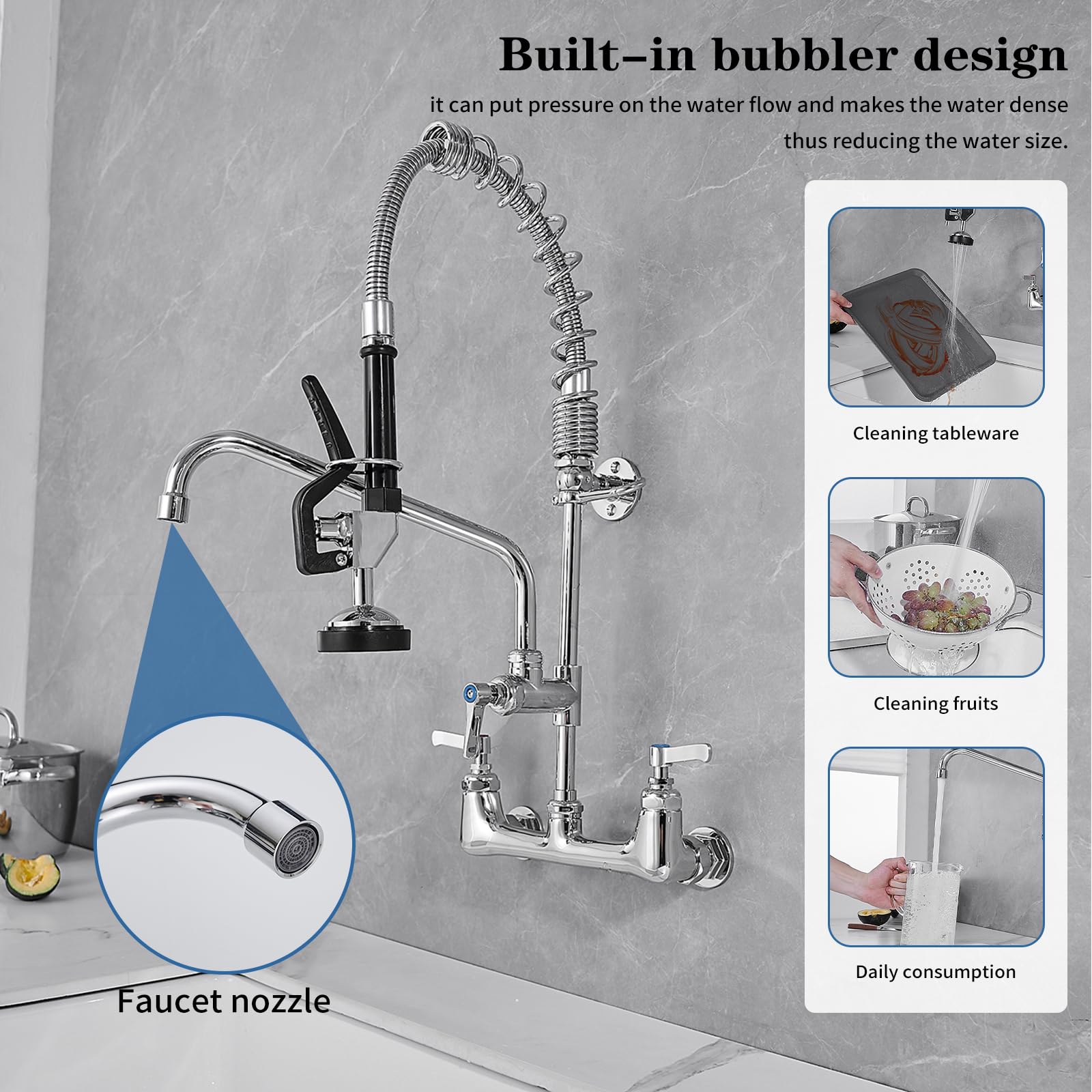 Bathfinesse Commercial Kitchen Faucet, Wall Mount Faucet, Commercial Faucet With Sprayer, 8'' Center 3 Compartment Sink Faucet With 12'' Swing Spout, Chrome