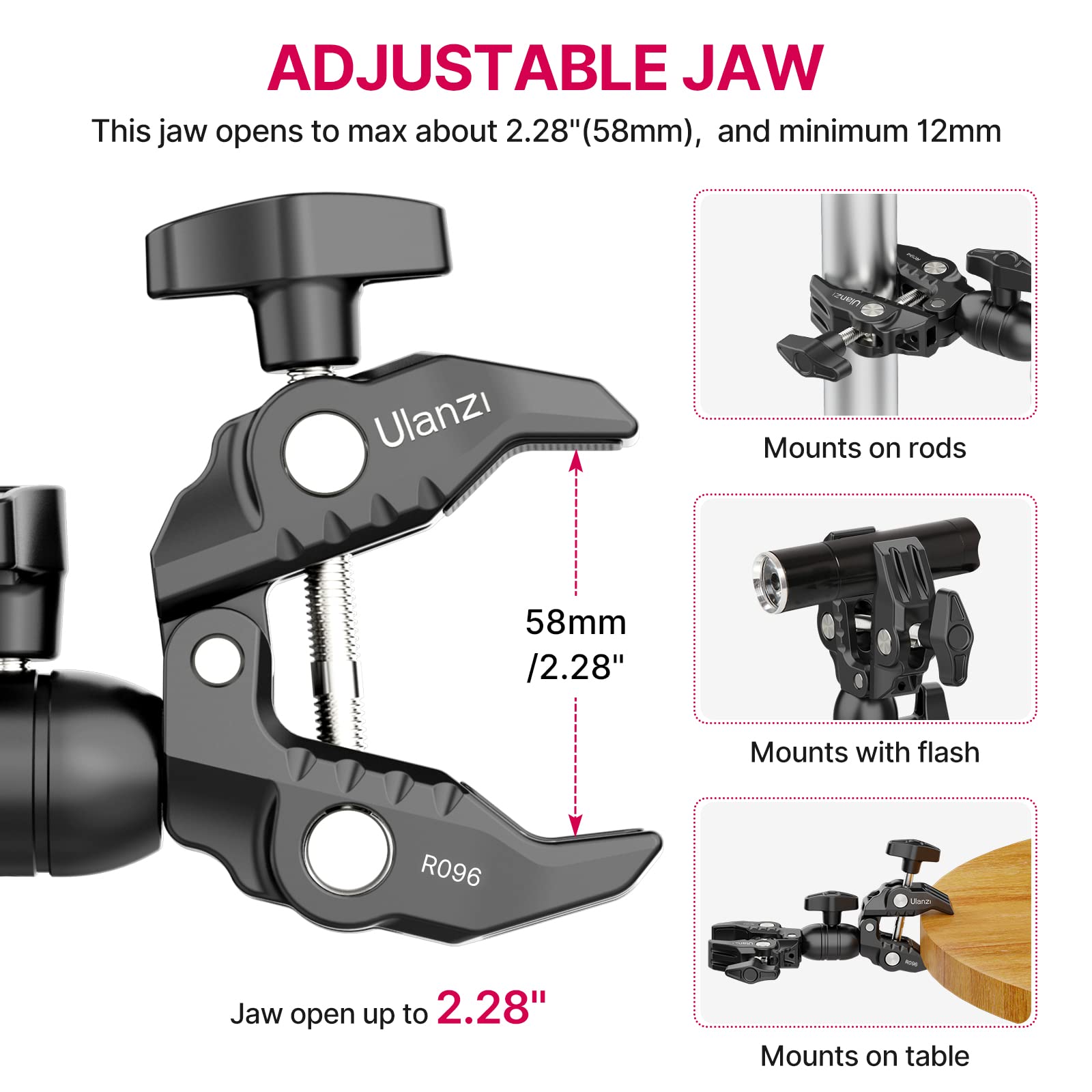 Ulanzi Super Clamp Double Camera Clamp, R096 Crab Plier Clip Bracket Mount Monitor Magic Arm Double Ball Head Adapter For Photo Studio Light Stand, Photography Reflector, Photo Boom Stand, Cross Bars