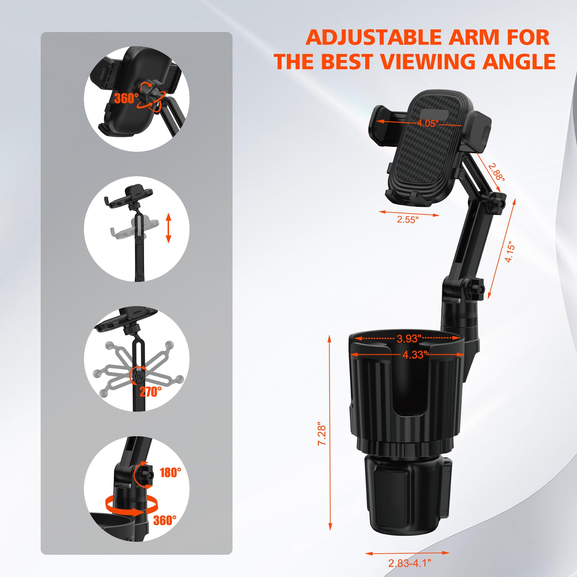 Edkcxb lest 2 In 1 Phone Mount For Car Cup Holder With Adjustable Base, Phone Holders For Car Cupholder, No Shaking 360° Flexible Neck Phone Mount For All 4-7” Smartphones, Cup Holder For Most Bottles