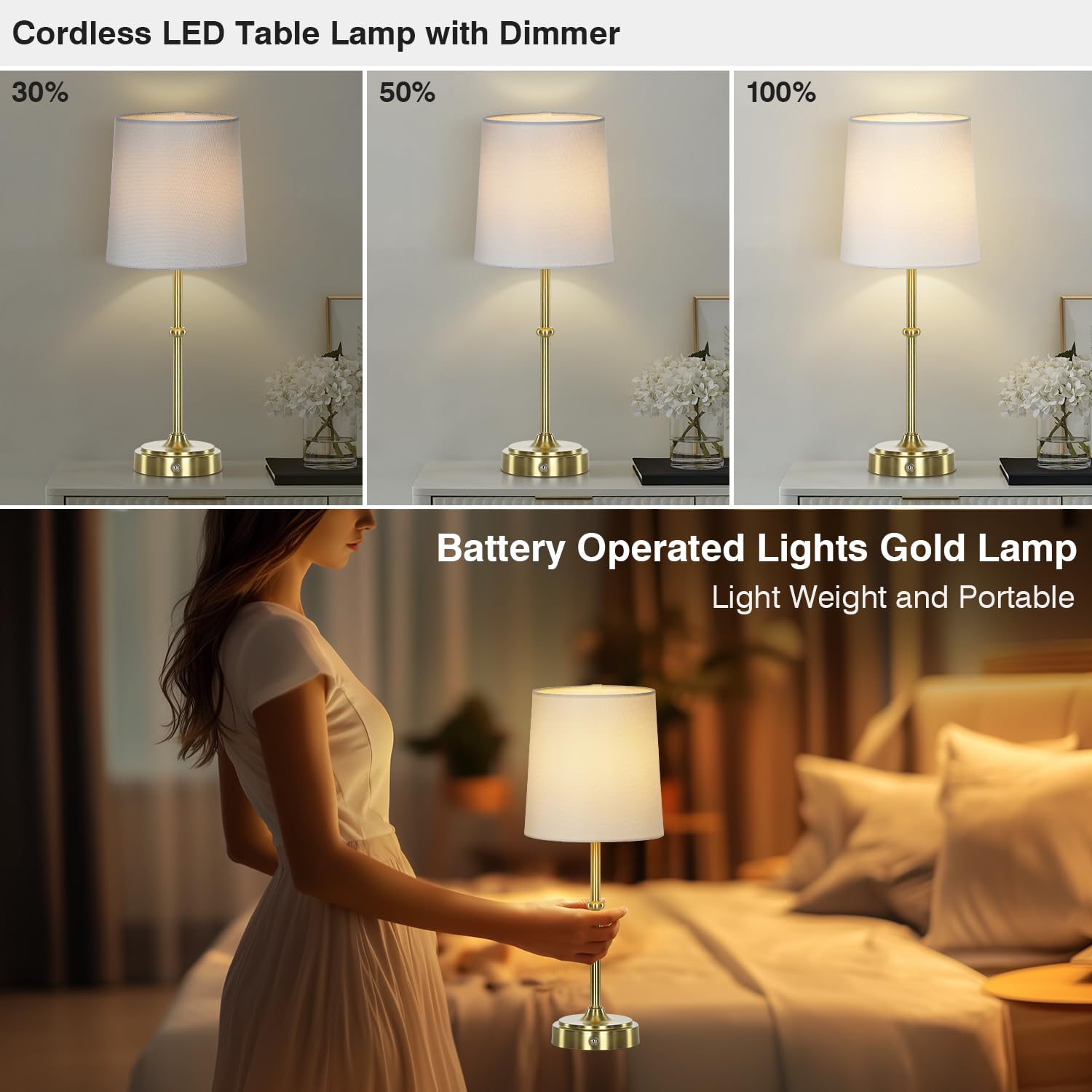 Cinyirong 16" Portable Cordless Table Lamp Set Of 2, Built-In Rechargeable Battery Lighting, Dimmable Lamp For Bedroom, Bedside, Gold Lamps For Dining Room, Antique Brass