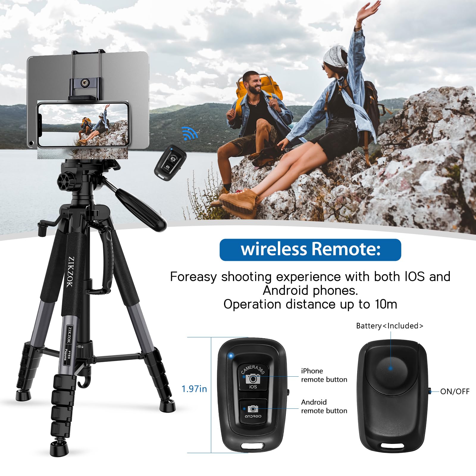 Zikzok 75" Camera Tripod, Heavy Duty Aluminum Camera Stand For Ipad Phone, Travel Tripod With Remote/Carry Bag/Phone Tablet Holder, Compatible With Dslr, Spotting Scopes, Max Load 15 Lb(Grey)