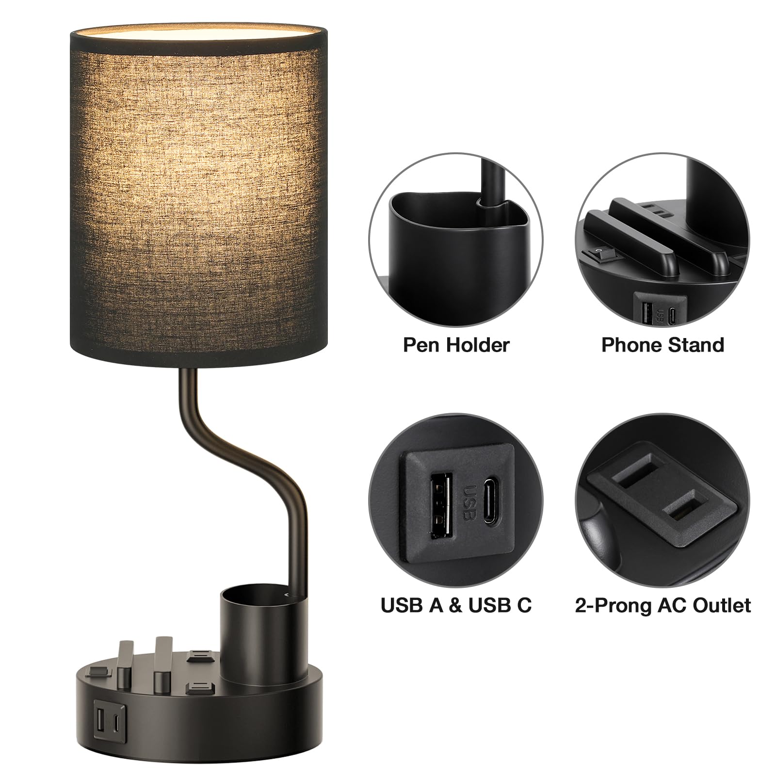 Fenmzee Black Bedside Table Lamps For Bedroom Set Of 2 - Nightstand Light With Ac Outlet And Usb A & C For Charging, 3 Color Temperatures Desk Lamp With Pen Holder & Phone Stand For Living Room/Dorm/Office