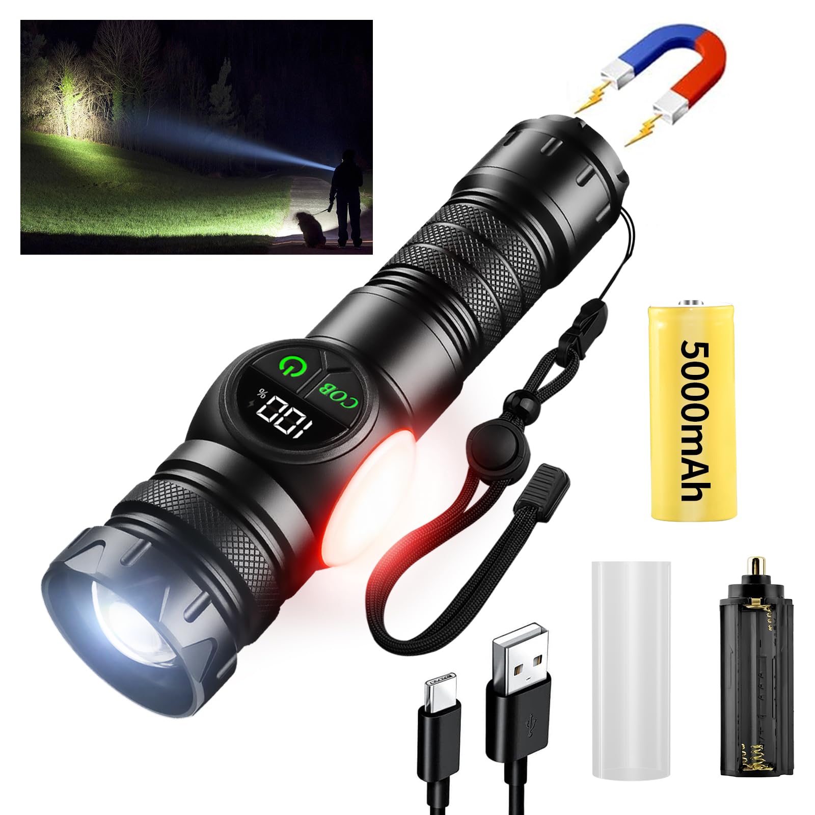 Iodoo 3 In 1 Rechargeable Flashlight True 5000 Lumens Outdoor Strong Cob Light, 5000Mah Zoomable Beam Led Flash Light With Magnet Power Failure Emergency Survival Kits Snowstorm (Standard)