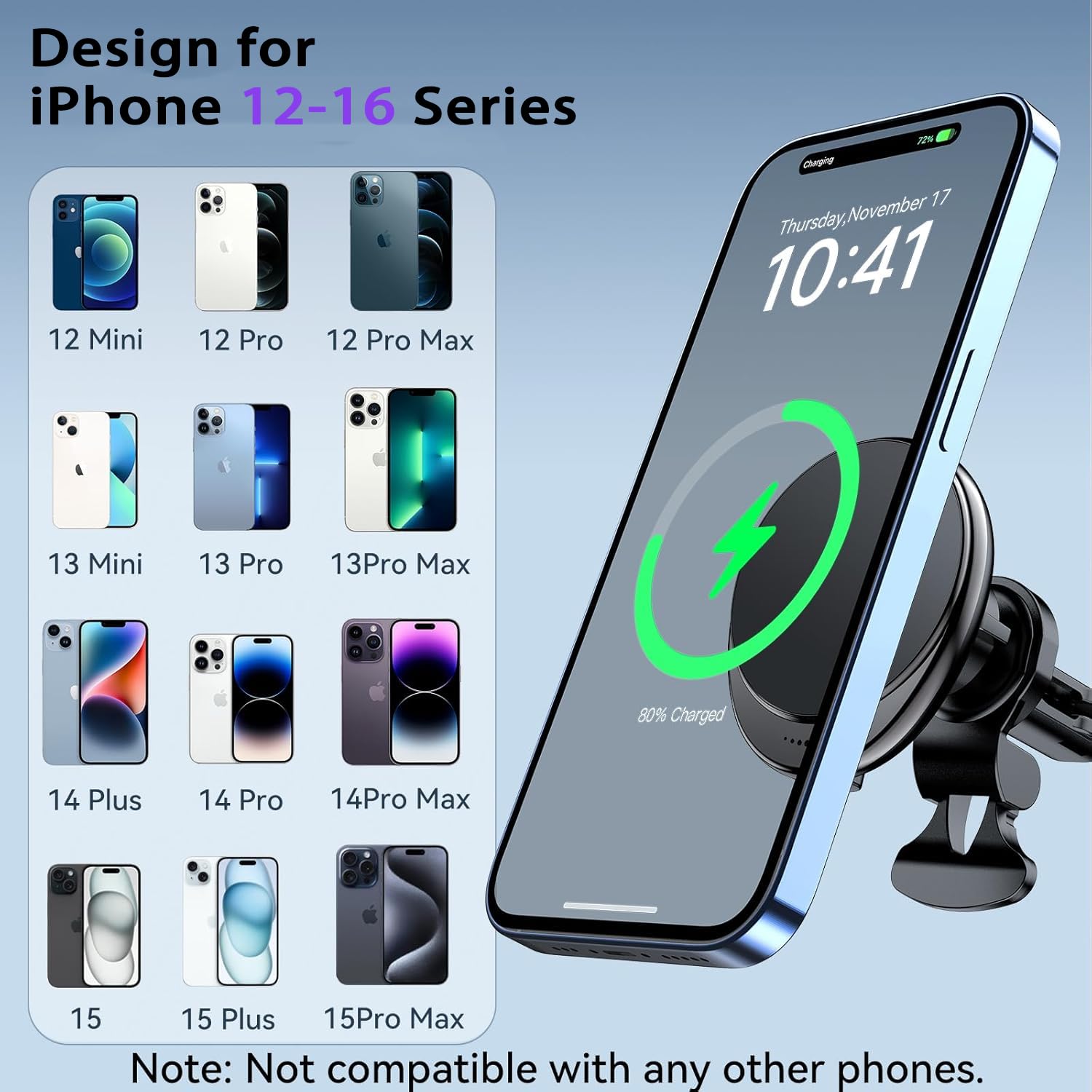 Hoseason Magsafe Car Mount Wireless Car Charger [15W Pro ] Universal Vent Car Charging Fits Iphone16 Pro Max Plus Mini 16 15 14 13 12