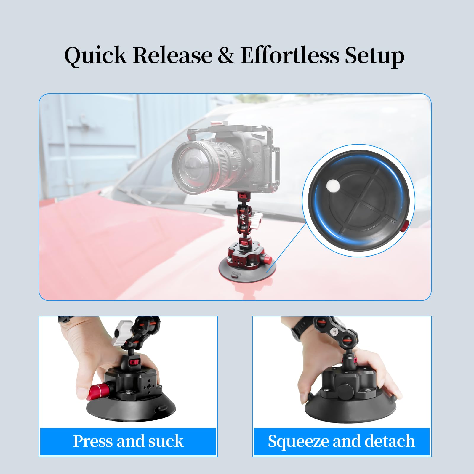 Fifield 4.5In Camera Suction Cup Phone Mount With Ball Head Magic Arm, Quick Release Car Mount For Action Camera Phone Dji Insta360, Air Pump Vacuum Suction Cup, 1/4" 3/8" Arri Holes