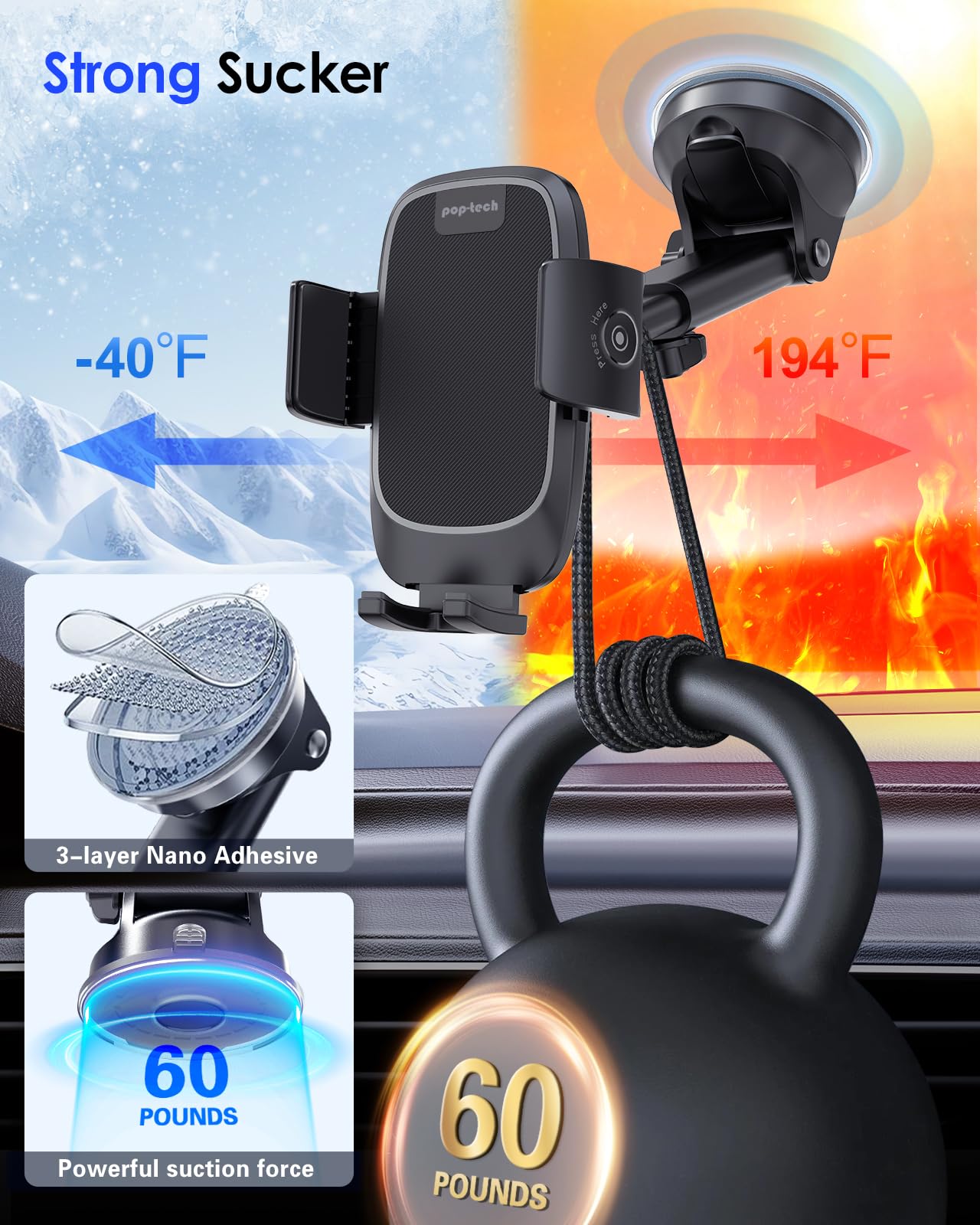 Pop-Tech Phone Mount For Car, [Military-Grade Suction] Universal Cell Phone Holder For Your Car Dashboard Windshield Window, Automobile Cradle Fit For Iphone Samsung All Smartphones With Thick Case