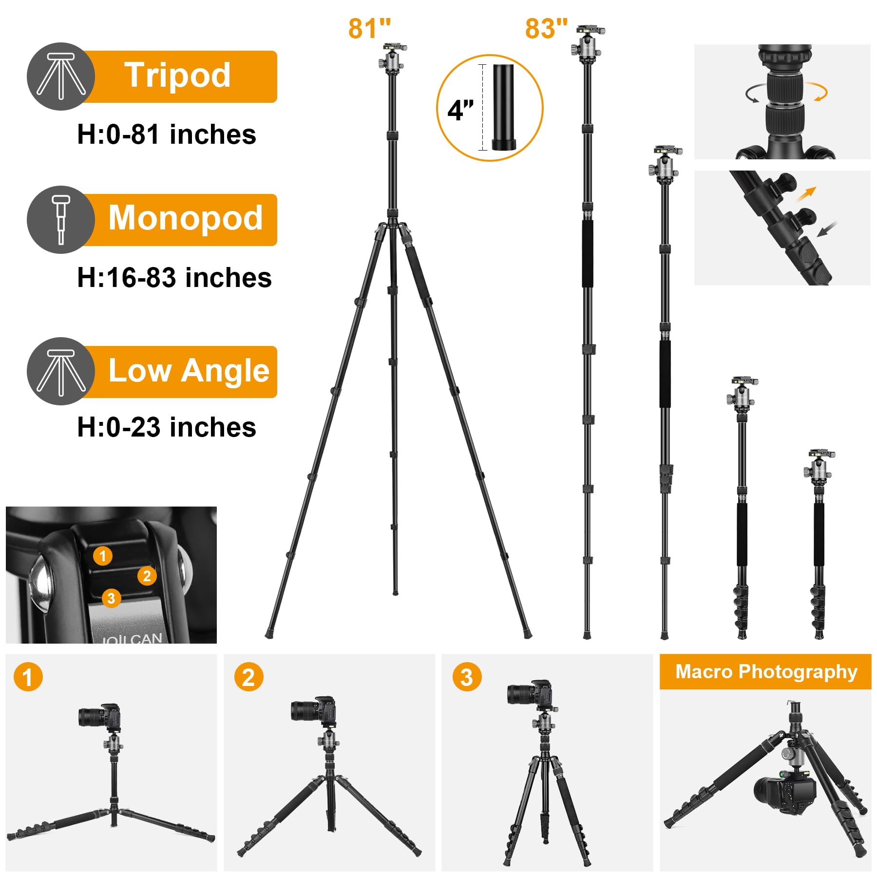 Joilcan Tripod For Camera, 81" Aluminum Camera Tripod Monopod, Heavy Duty Travel Tripods For Spotting Scope Binoculars Laser Level, Payload 35Lb