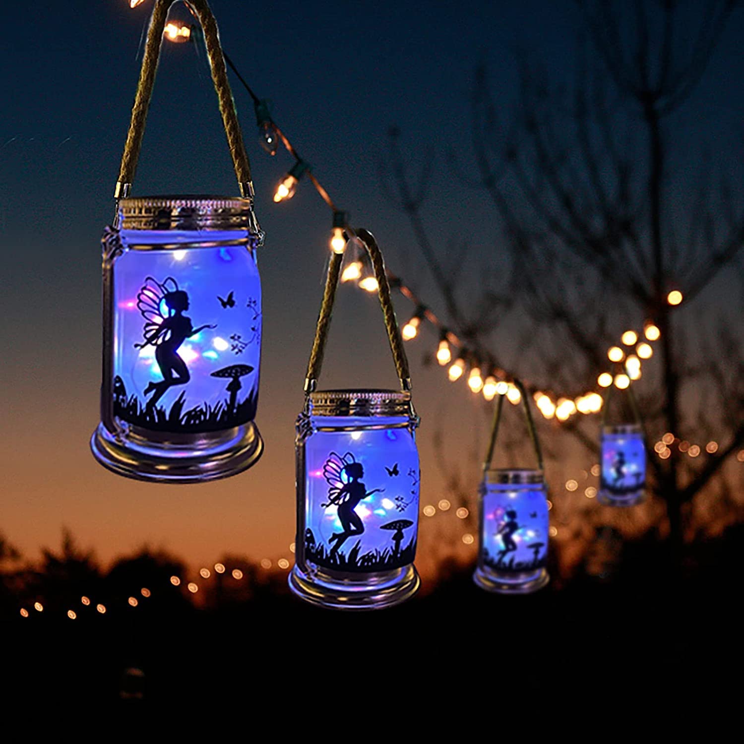 Vcdsoy 4 Pack Solar Fairy Lights Decorations Garden-Solar Fairy Lantern Mason Jar Colorful Ornament Night Light-Ourdoor  Hanging Lamp Frosted Glass Jar With Stake For Yard Garden Patio Lawn