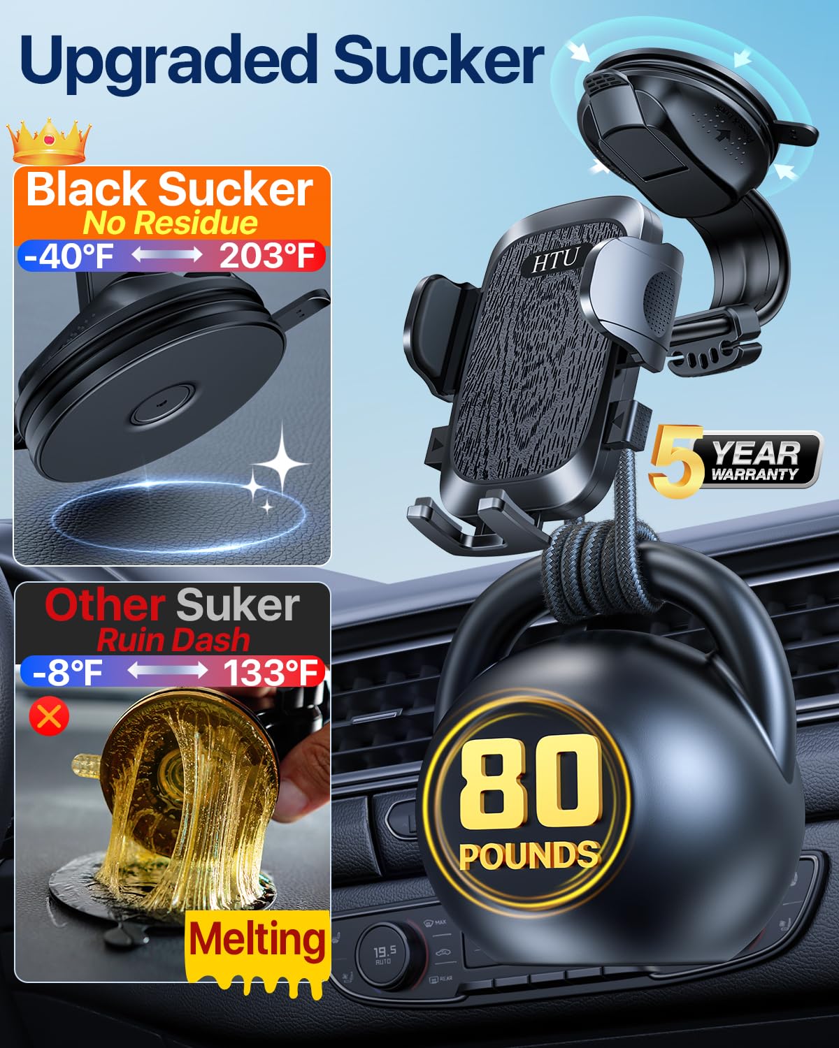 Htu  Strongest Suction Car Phone Holder Bendable Arm, Never Block View Rotatable Cellphone Mount For Dashboard Windshield Vent, Cradle Stand For Iphone 16 15 14 13 12 Pro Max (Black)