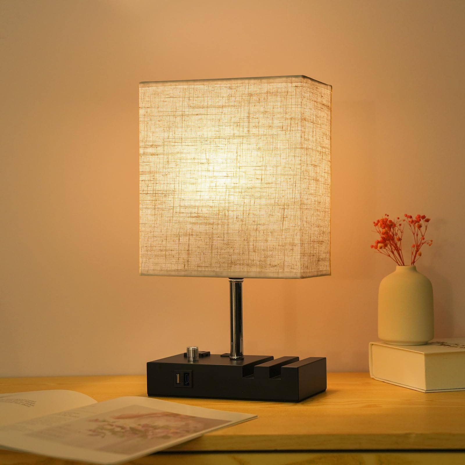 Lixada Nightstand Lamp For Bedroom With Usb A + C Ports, Small Bedside Table Lamp With Charging Outlets And Phone Stands, 3 Color Temperatures Night Stand Light With Bulb For Living Room