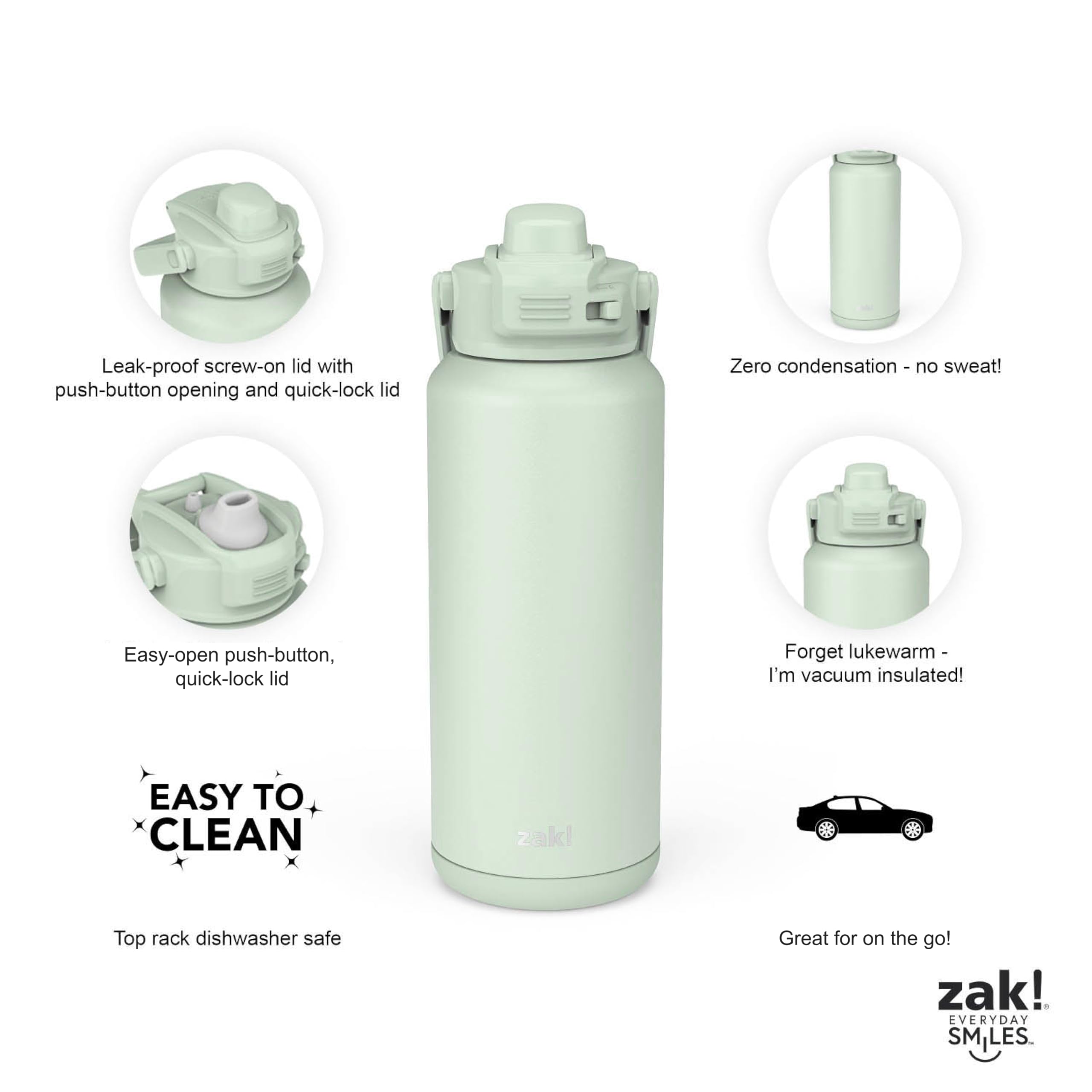 Zak Designs Beacon Straw Lid Water Bottle For Travel Or At Home, 32Oz Stainless Steel Is Leak-Proof