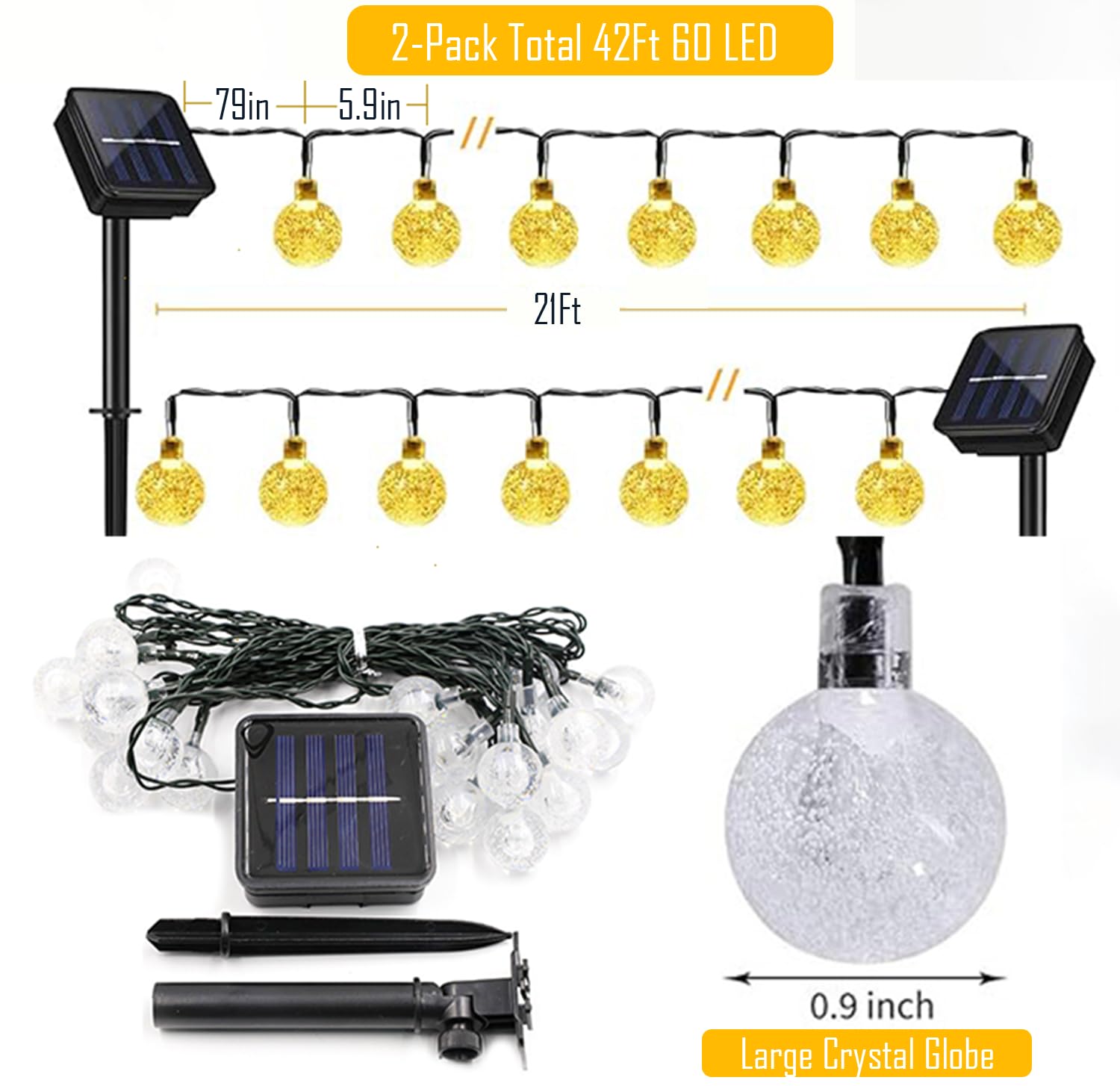 Hbwonfur Solar String Lights Outdoor, 2 Pack Total 42Ft 60 Led Crystal Ball Waterproof Solar Powered Globe Lights For Garden, Lawn, Gazebo, Porch, Yard, Wedding, Outdoor Decorations (Warm White)