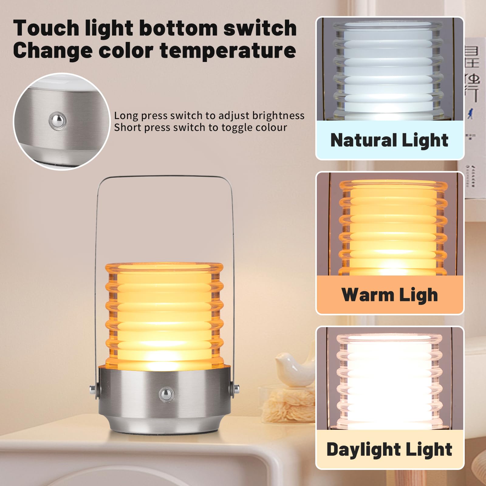 Hapygi Portable Metal Led Table Lamp ,Rechargeable Cordless Lamp, 3-Colour Infinitely Dimming Battery Powered Small Desk Lamp, Restaurant/ Nightstand Lamp/Bar/Coffee Shop/Camping Light (Sliver)