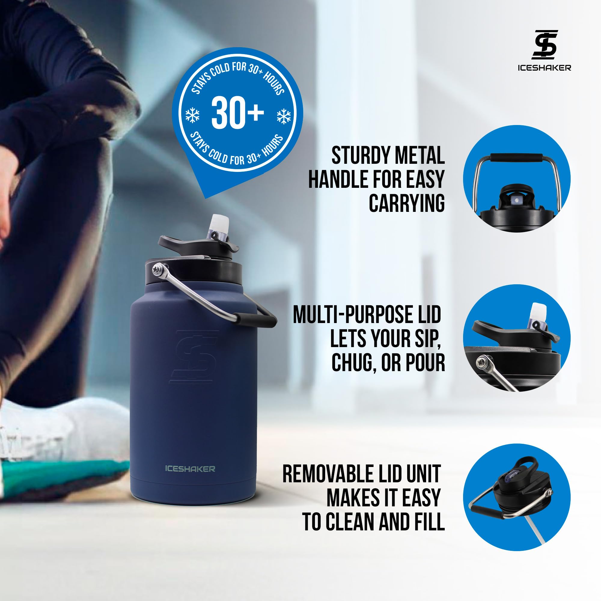Ice Shaker Insulated Stainless Steel Gallon Water Jug  128 Oz, Navy  Stays Cold For 60+ Hours