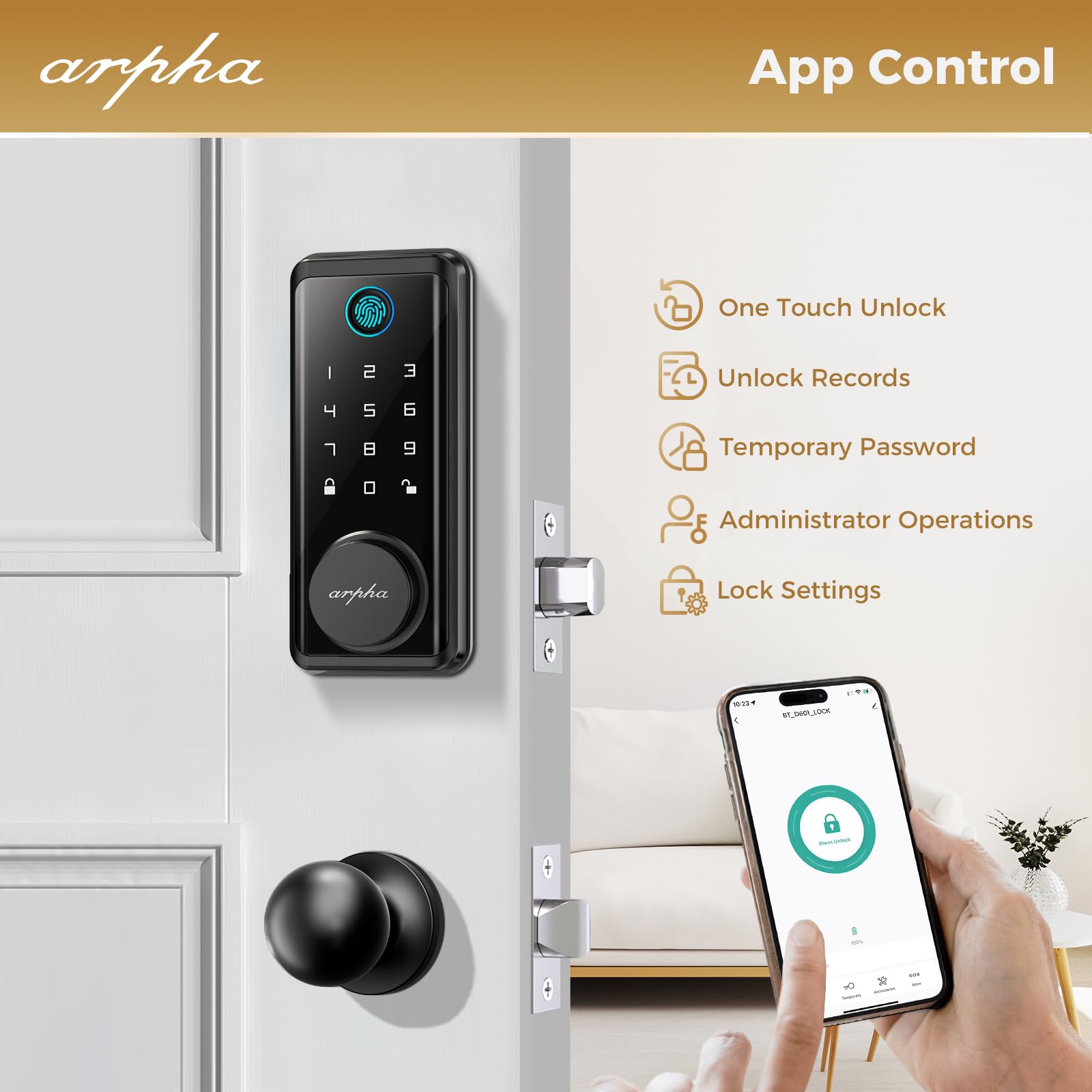 Arpha Fingerprint Keyless Entry Door Lock - 100 Code Electronic Keypad Deadbolt Lock - Smart Door Locks For Front Door - 16 Anti-Peeking Passwords App Remote Control - One Time Code - Zinc Alloy