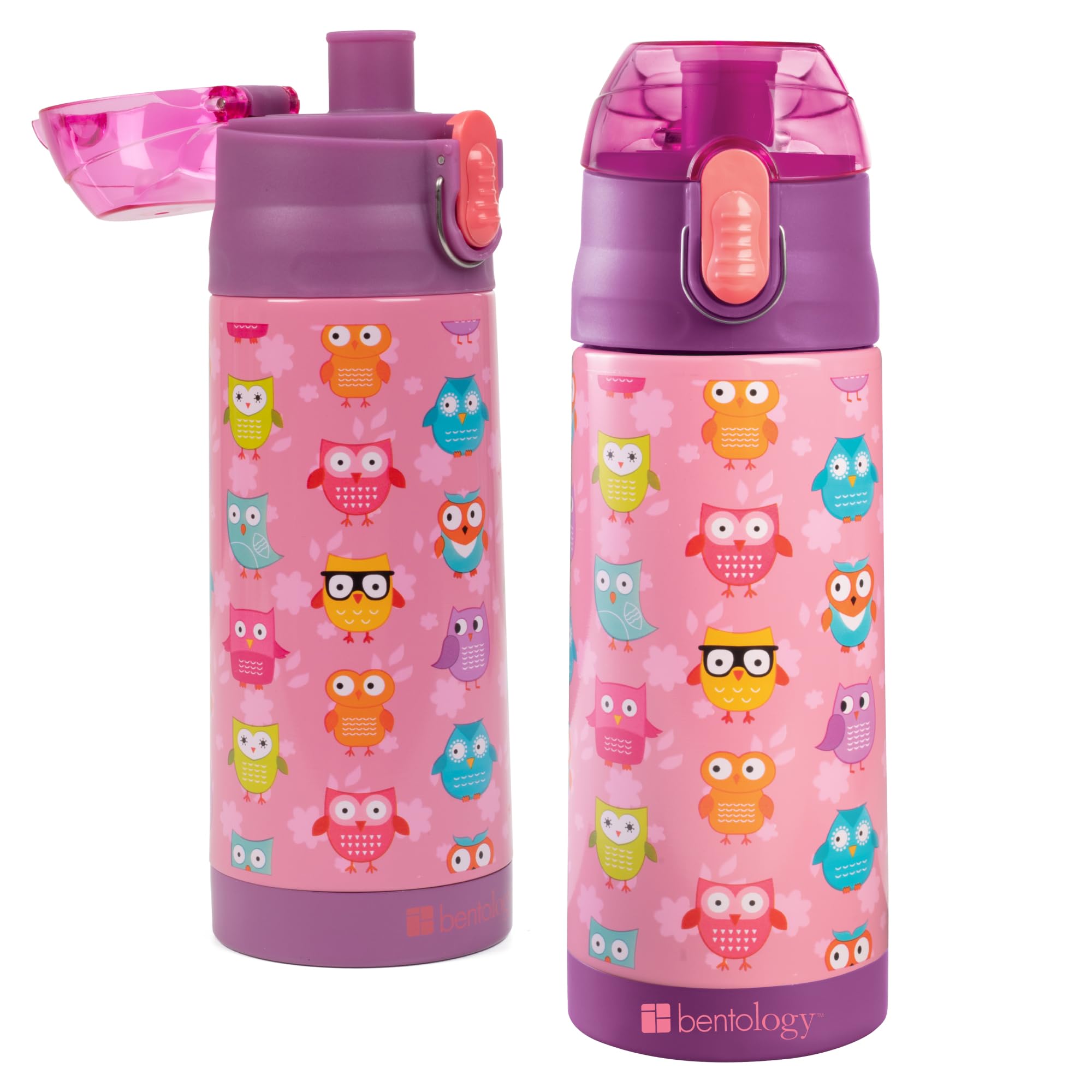Bentology Stainless Steel 13 Oz Reusable Water Bottle For Kids, Owl - Double Wall Insulated
