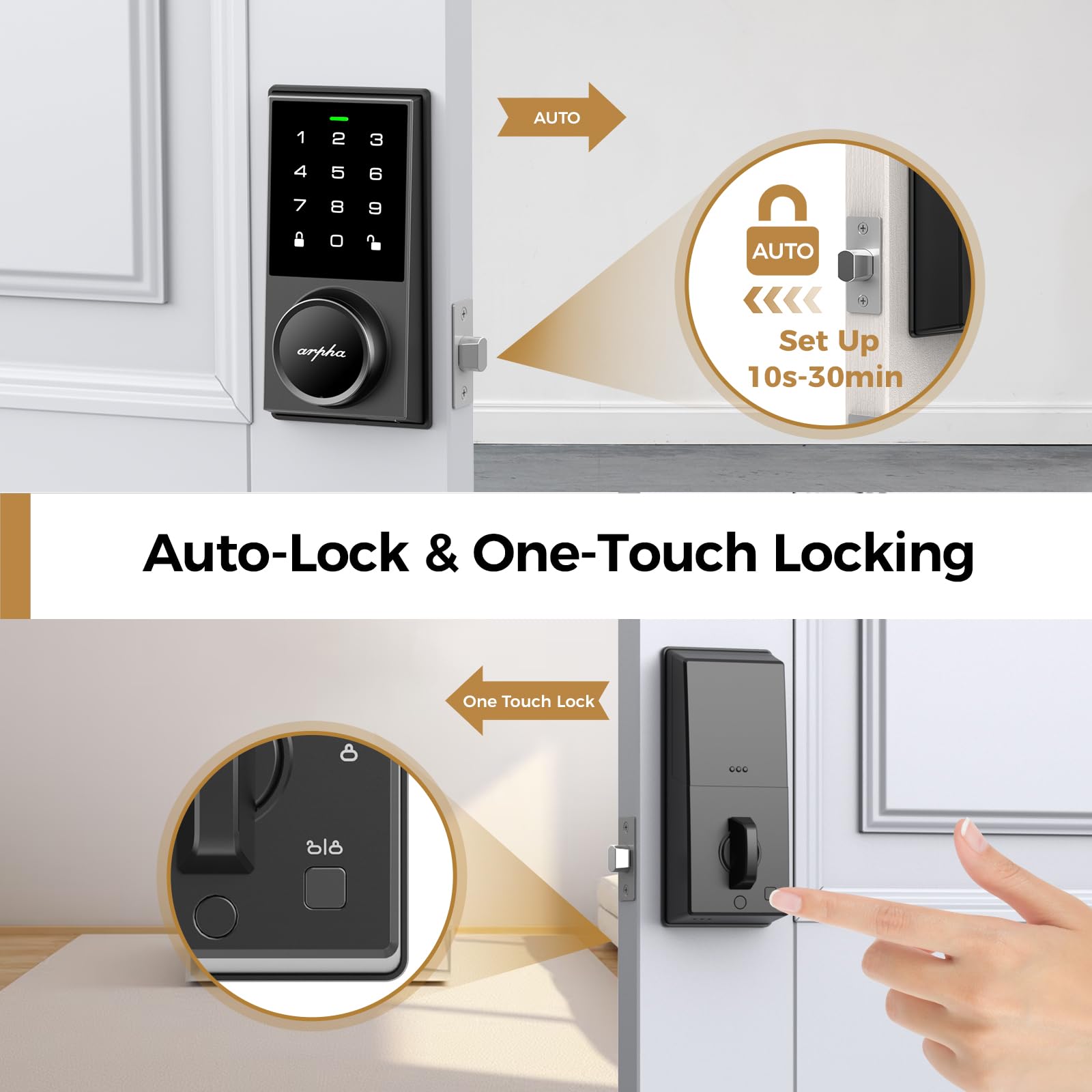 Arpha Keyless Entry Door Lock With 50 Codes, Electronic Keypad Deadbolt Lock With Auto-Lock, Code, Key, Smart Locks For Front Door Lock For Bedrooms, Offices & Apartments, Easy To Install, Black